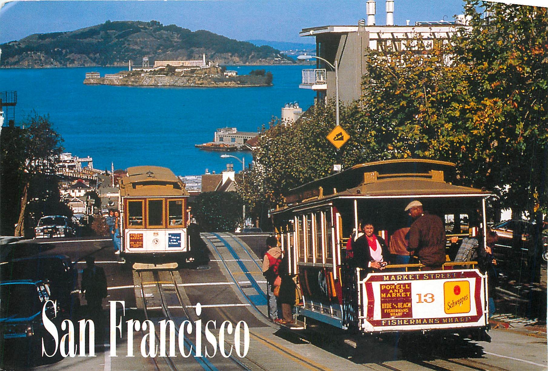 CPM San Francisco Cable cars passing on the Hyde Street line atop Russian Hill Tramway