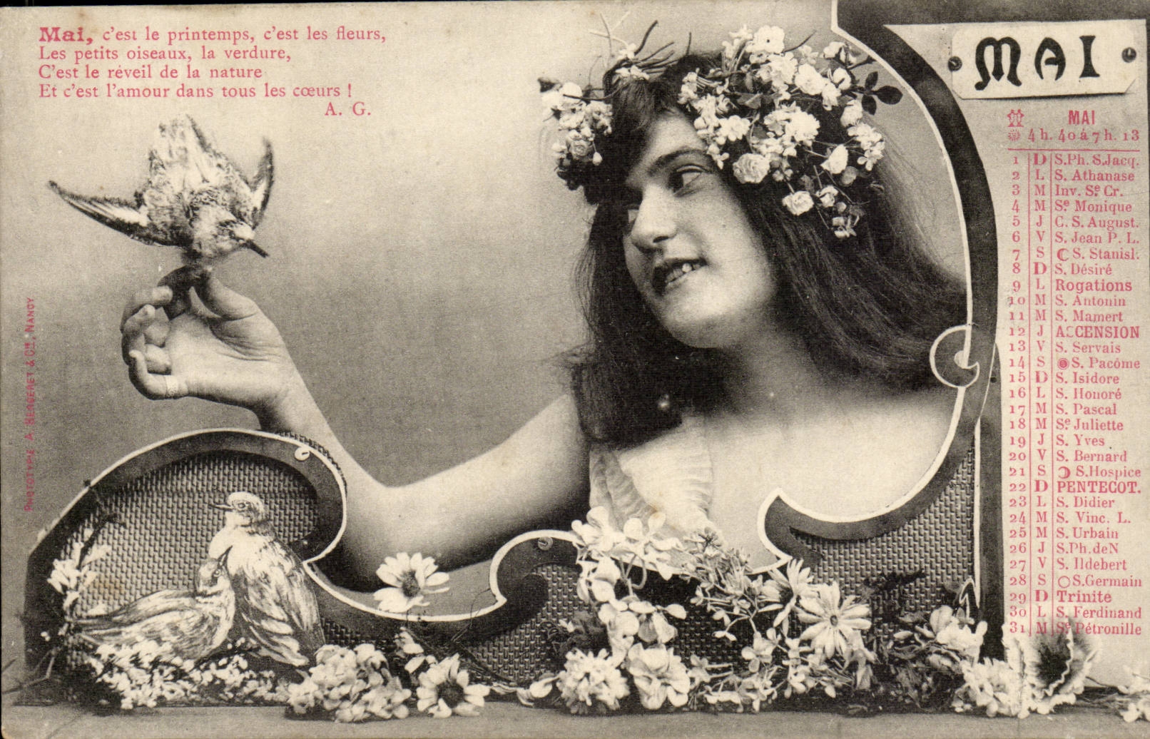 Woman May-1904-it is spring they are the flowers the small birds the greenery-CPA