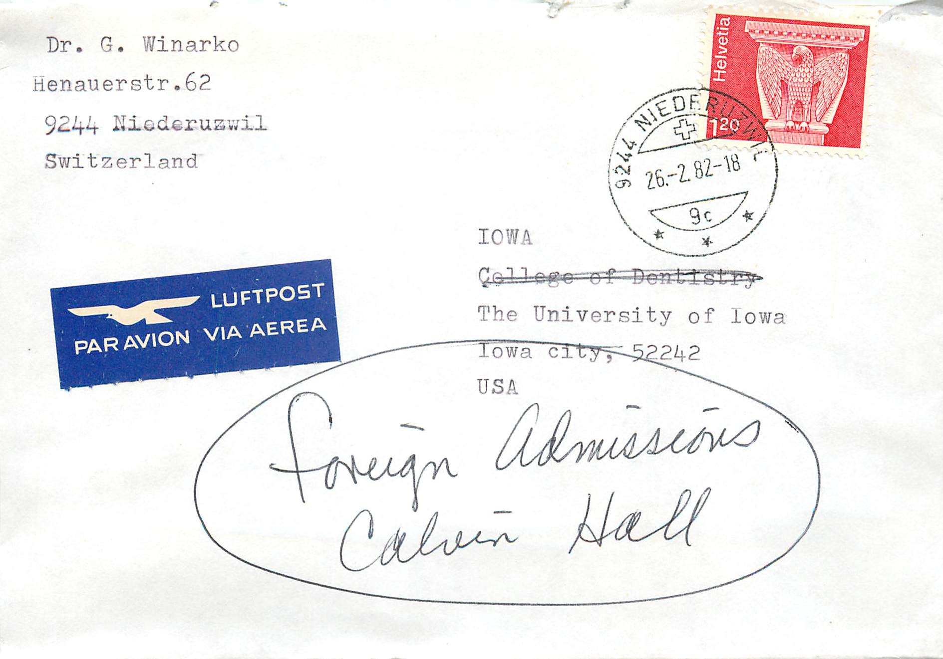 Lettre Cover Suisse University Iowa