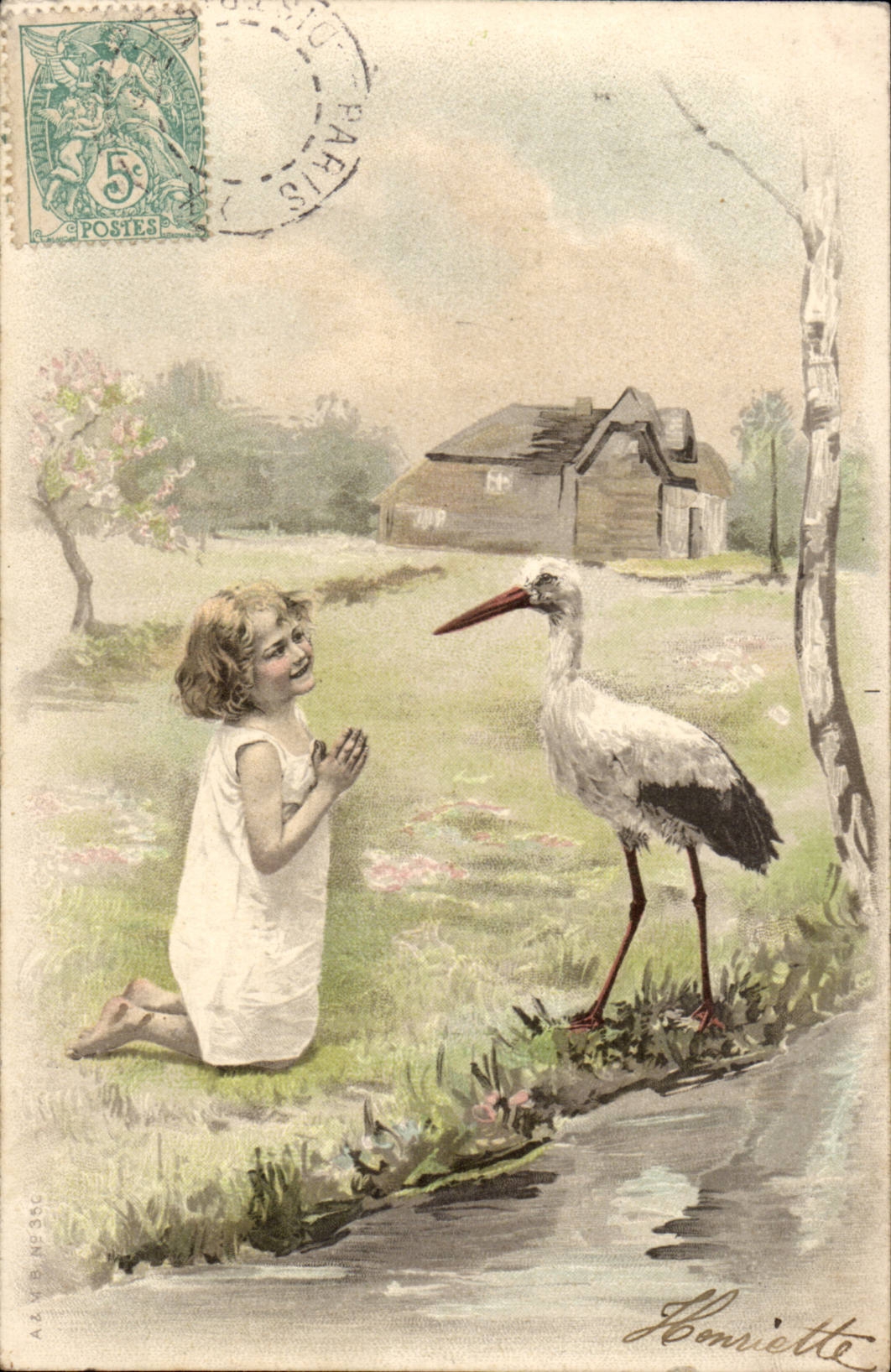 Fantasy - child - heron - bird stork - CPA