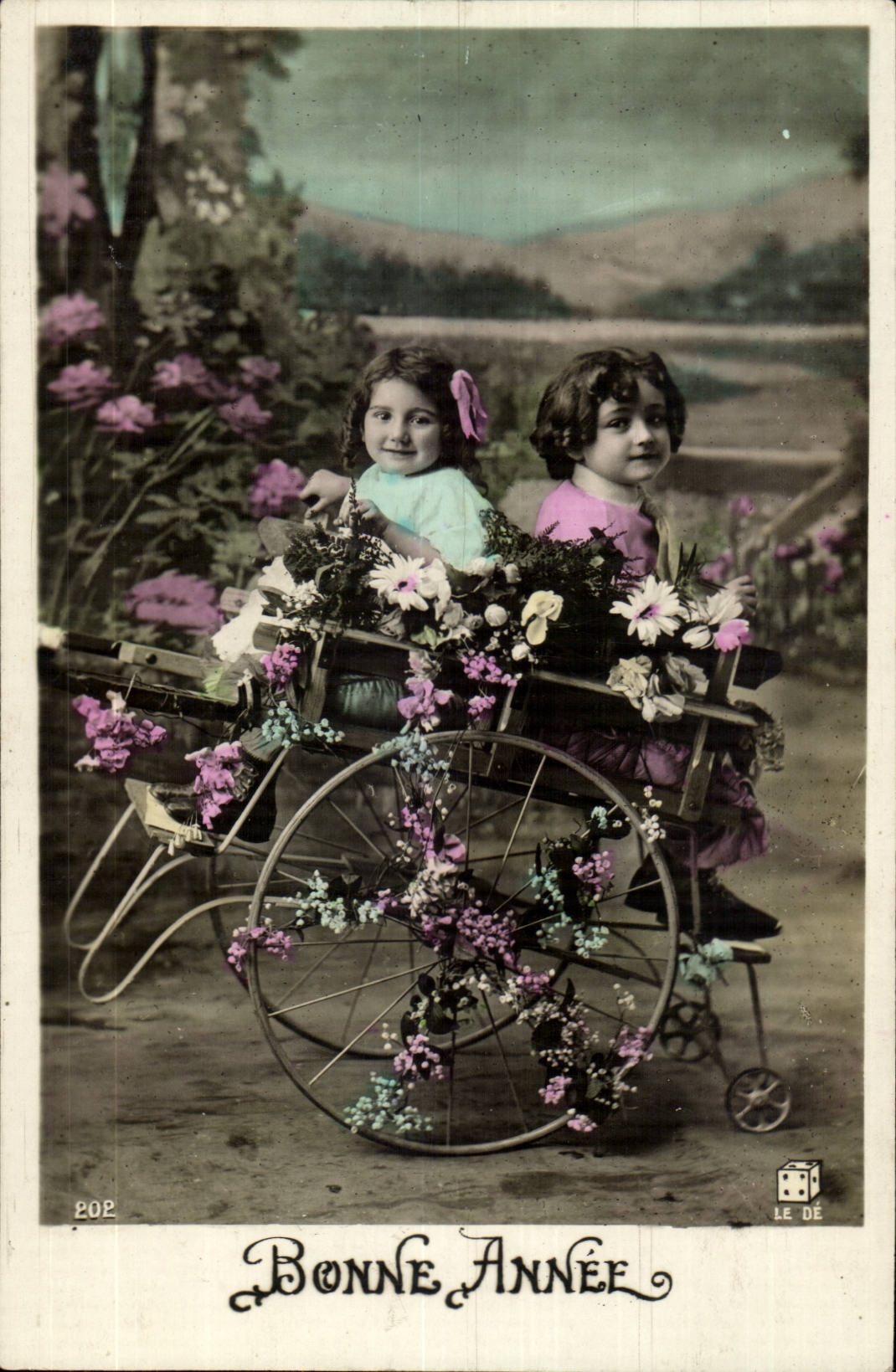 Fantasy - Child - girl - Happy New Year - flower - Suzanne Lehman - carriage CPA