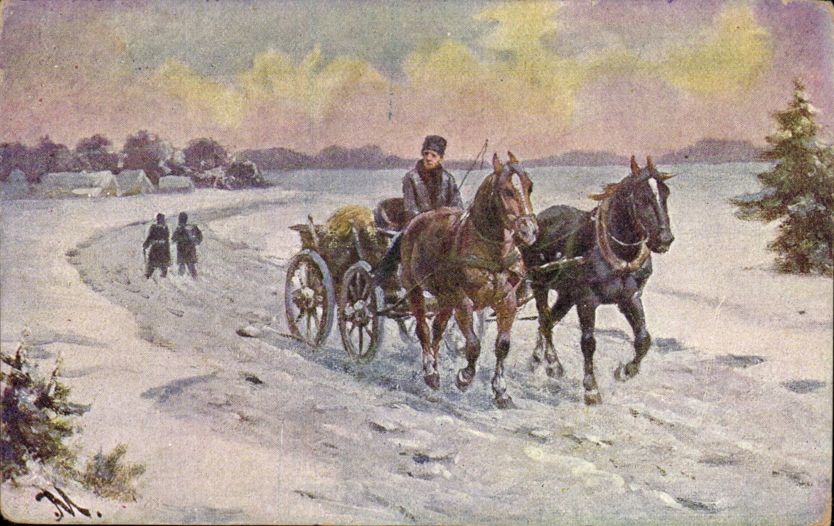 Kunste - Tabelle - Barouche - Pferd gezeichneter Wagen der durch das countyside- CPA peitscht (ungarisches Diagramm Ungarn