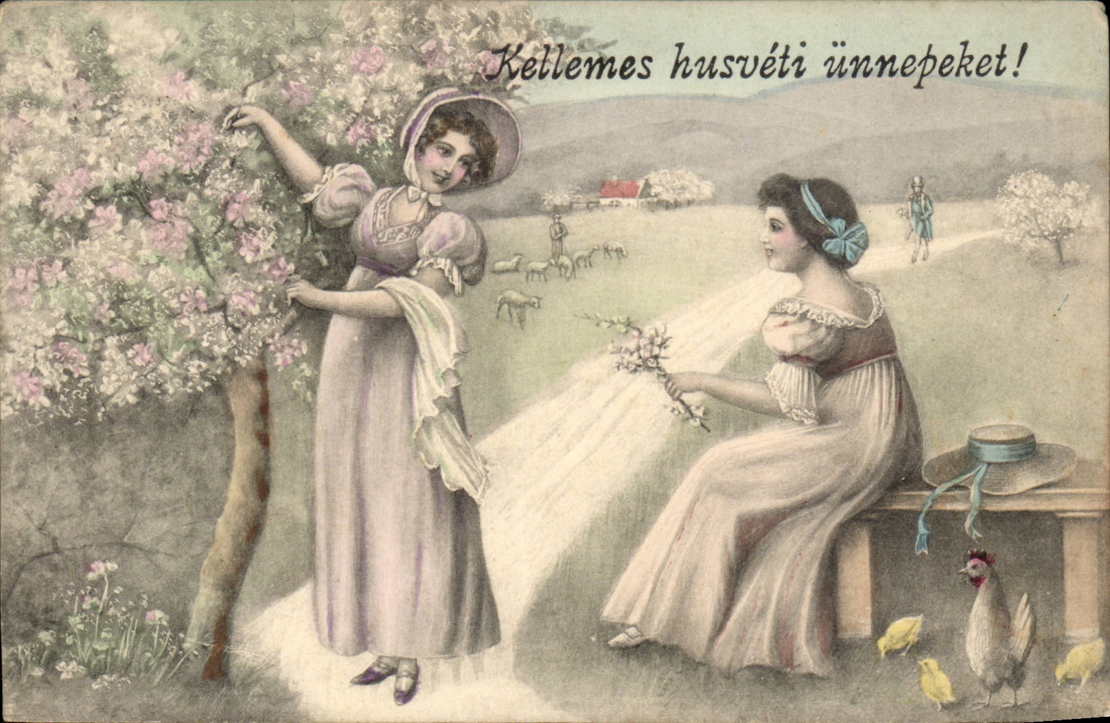 Fantasy - Woman - Woman with cherry tree branch - chicken - chicken CPA (Hungarian chart Hungary Hungary)