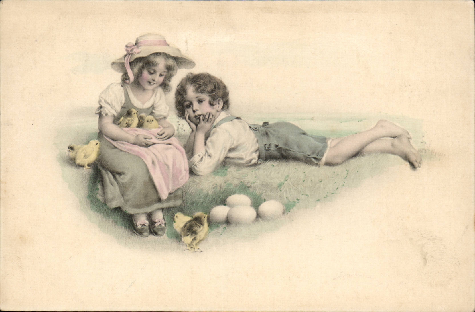 Fantasy - Children - chick - Darling children with baby chicks - CPA