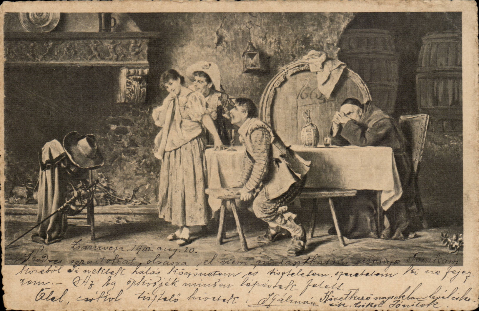 fantaisie - Couple - Crying woman and concerned man - barrels of wine - CPA (carte hongroise Hungary Hongrie)