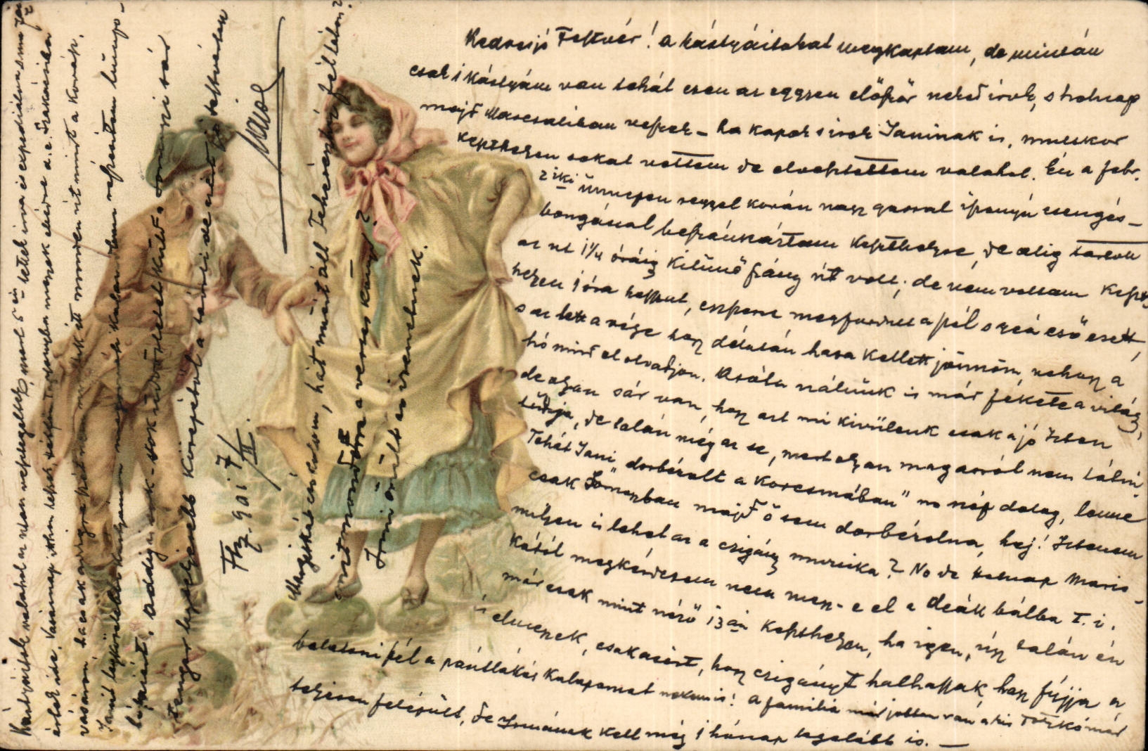 Fantaisie - Couple - A wink and a curtsey (carte hongroise Hungary Hongrie) - CPA 