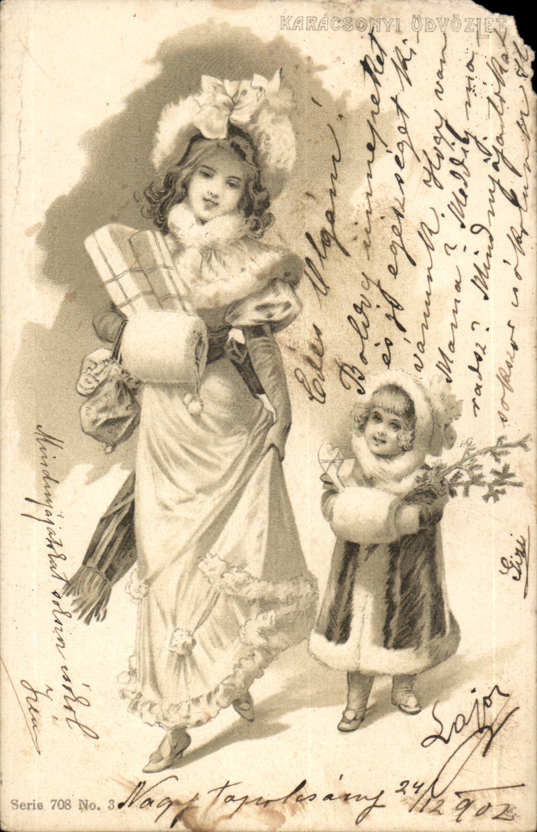 Fantasy - Woman - Mother and child frolicking one winter day (Hungarian chart Hungary Hungary) - CPA