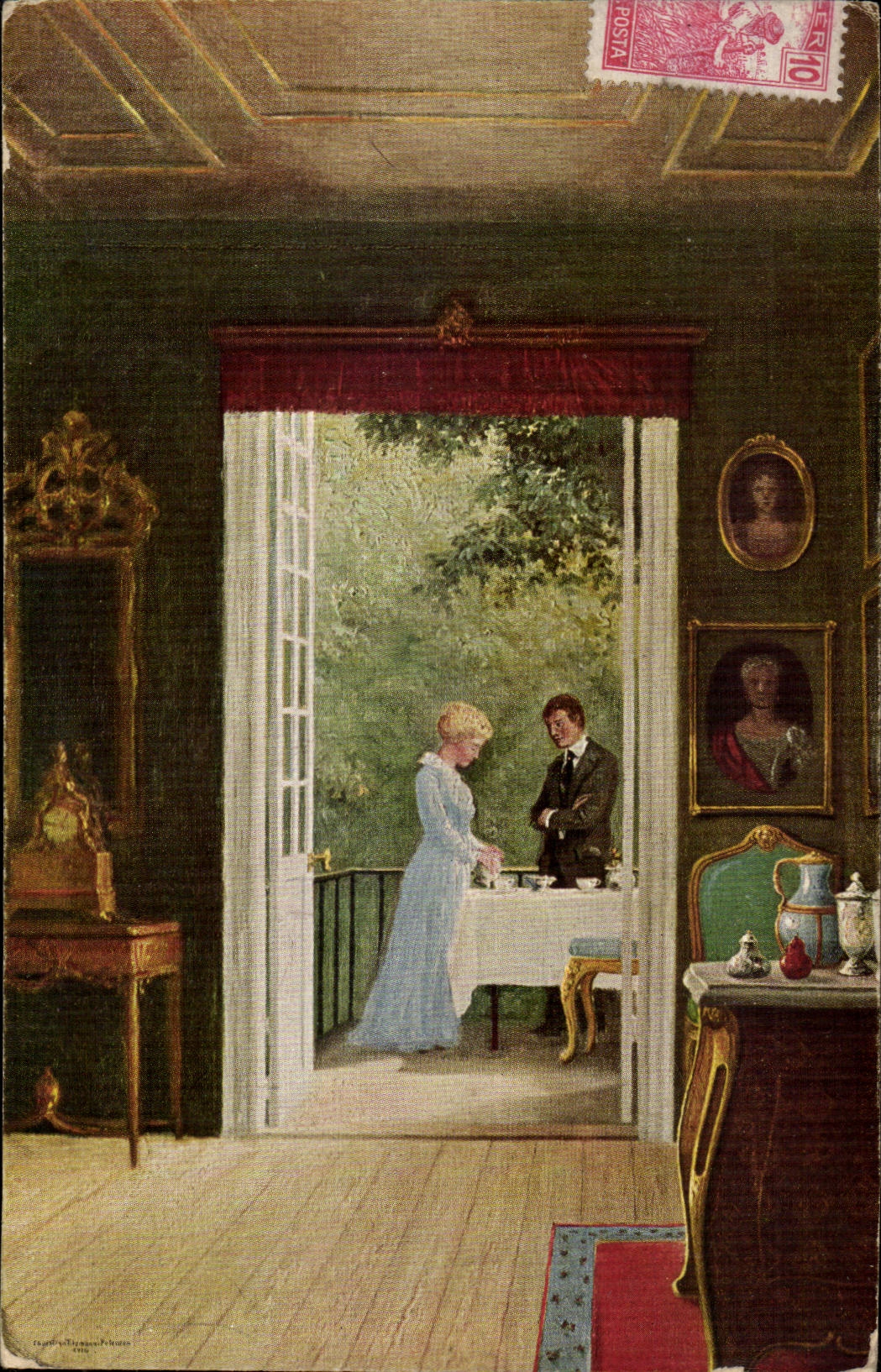 Fantaisie - Couple setting outside table (carte hongroise Hungary Hongrie) - CPA 