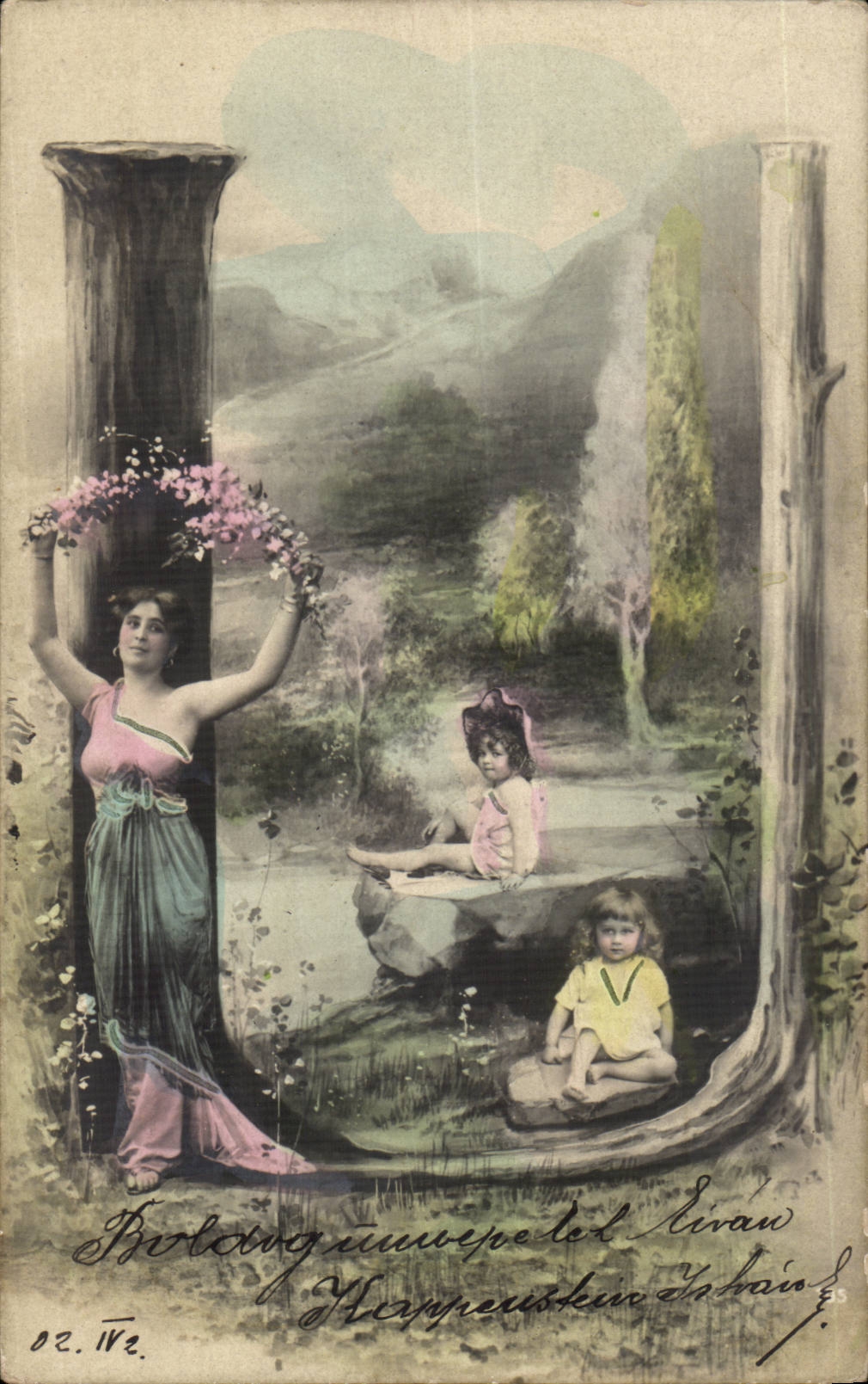 Fantasy - Beautiful woman and sweet chikdren (Hungarian chart Hungary Hungary) - CPA