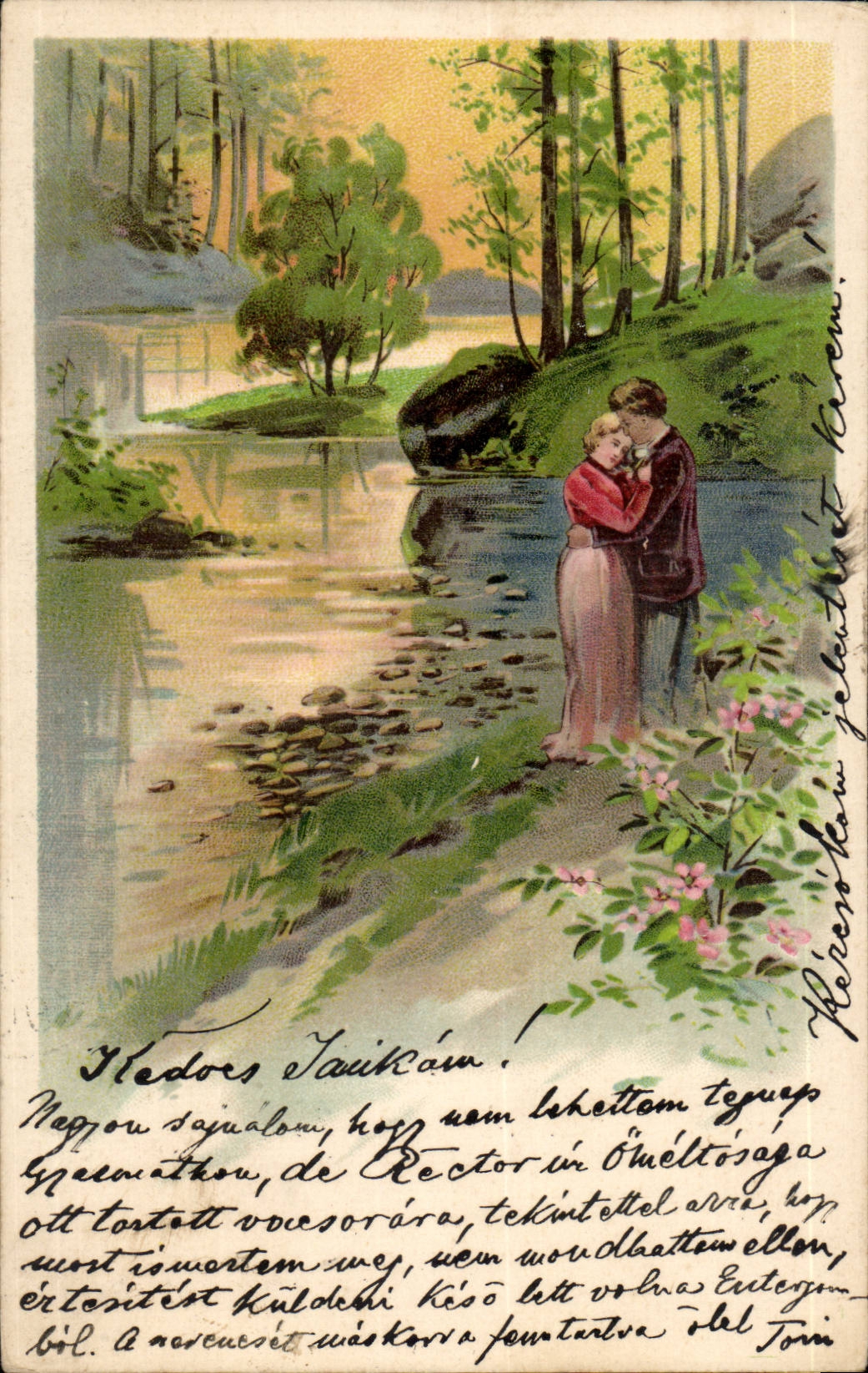 Fantaisie - Loving Couple embrassing in forest (carte hongroise Hungary Hongrie) - CPA 
