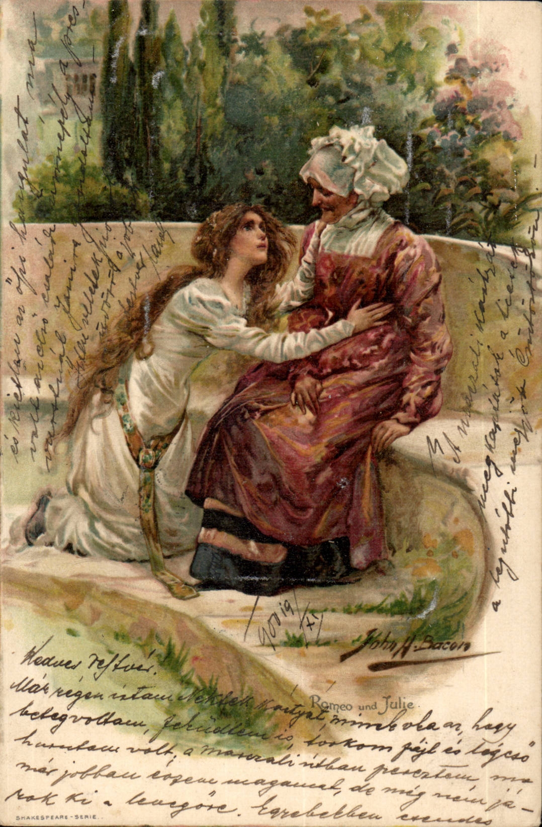 Fantasy - Upset Young girl clutching grandmother (Hungarian chart Hungary Hungary) - CPA