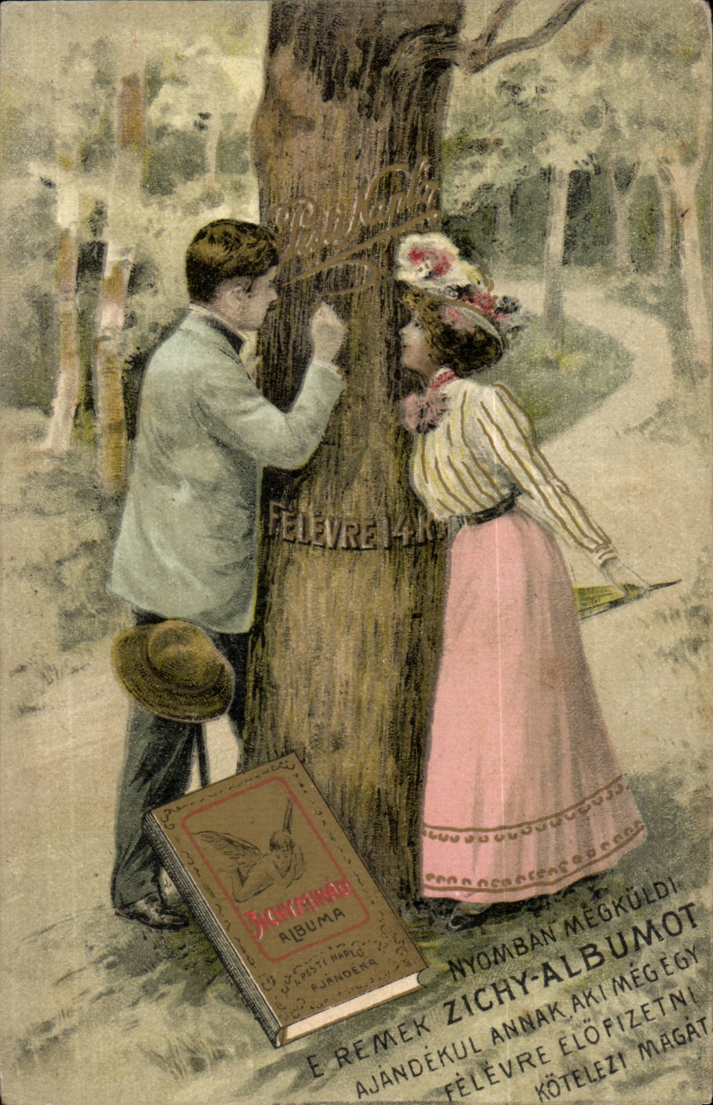 Fantaisie - Couple - Felevre 14 - carving love into tree trunk CPA (carte hongroise Hongrie Hungary)