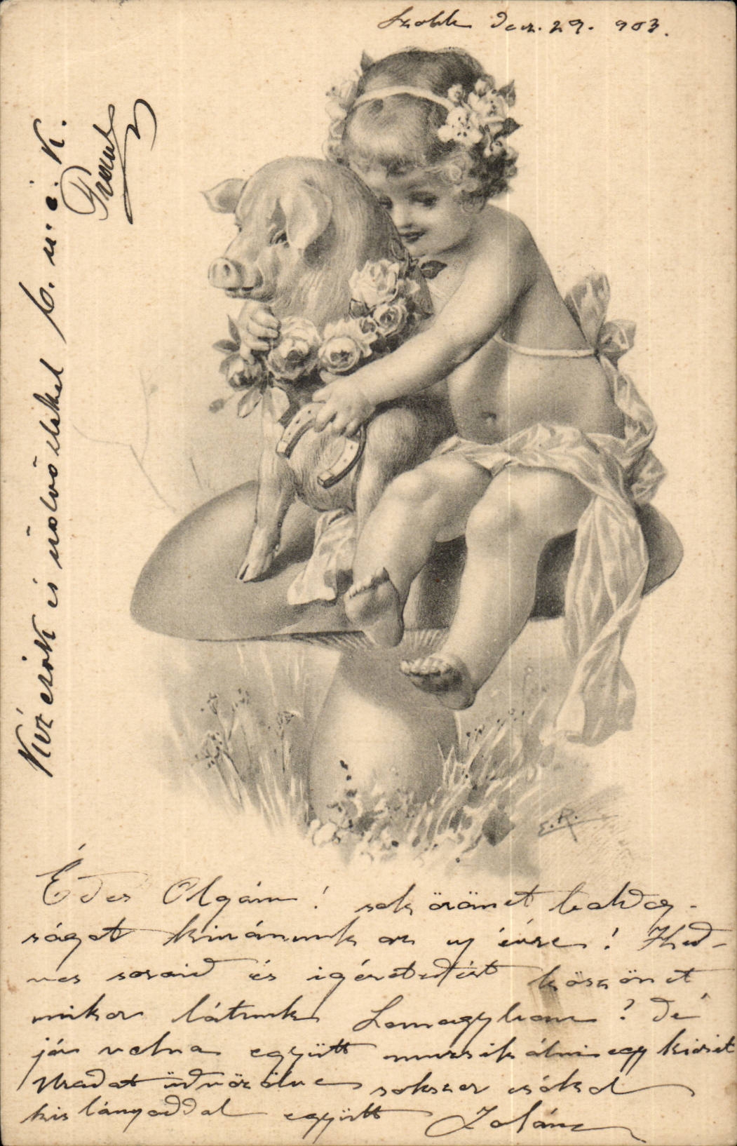 Fantasy - Baby - Pig - Baby hugging has lucky pig CPA (Hungarian chart Hungary Hungary)