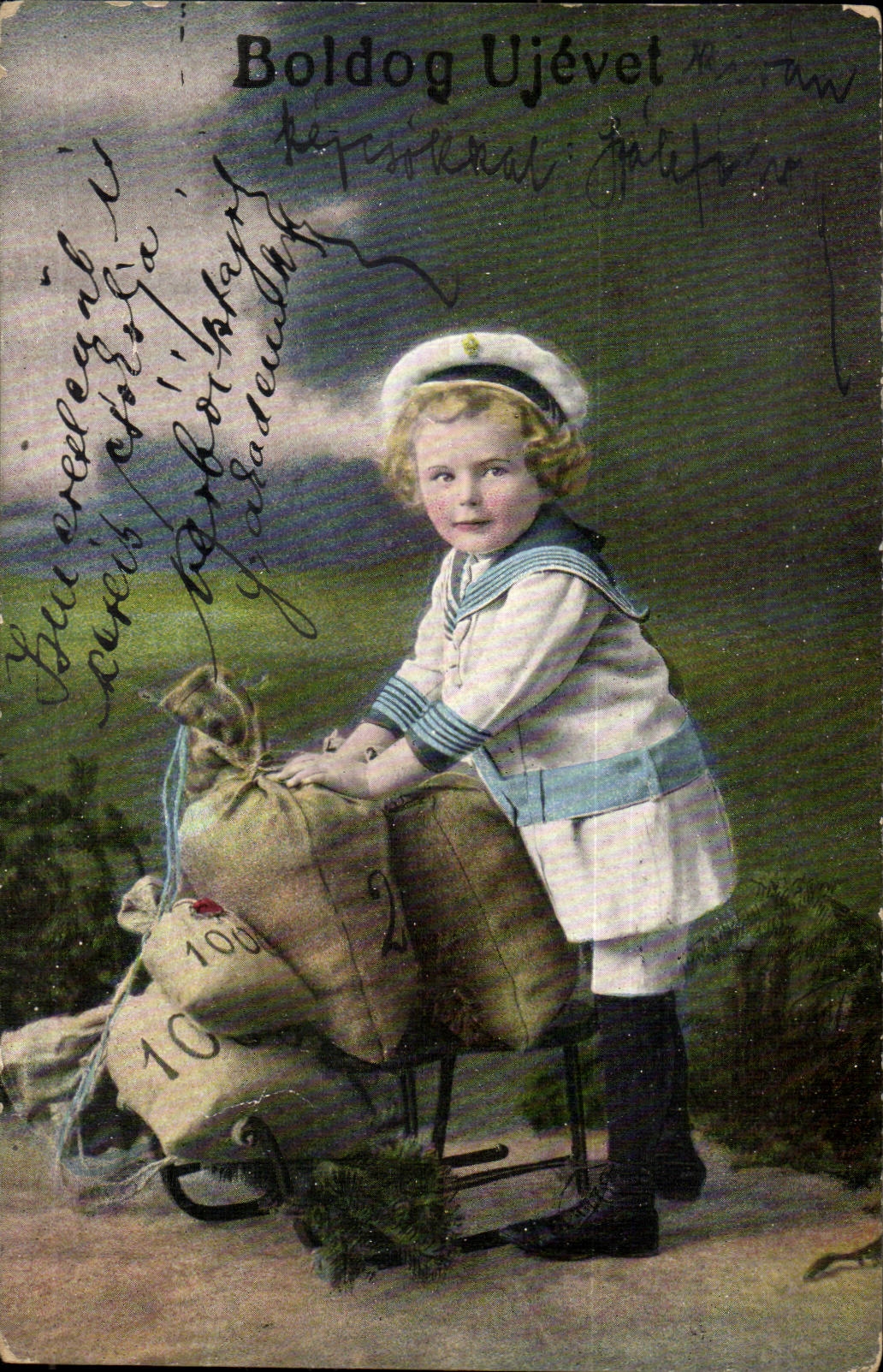 Fantasy - Child - Child with sled and bulging sacks - Boldog Ujevet CPA (Hungarian chart Hungary Hungar