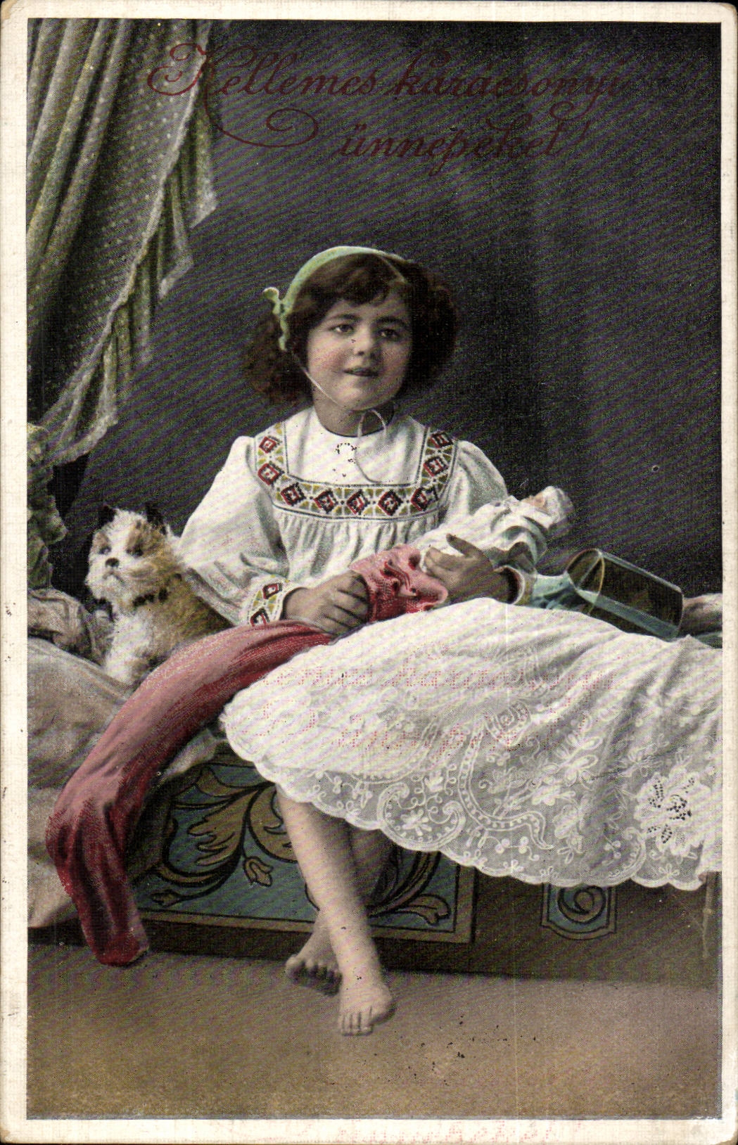 Fantasy - Child and Puppy - Adrable little girl with dog CPA (Hungarian chart Hungary Hungary)