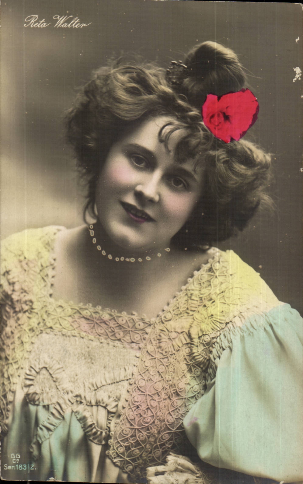 Fantasy - Woman - Reta Walker - elegant Woman with hairdo - red flower CPA (Hungarian chart Hungary Hunga