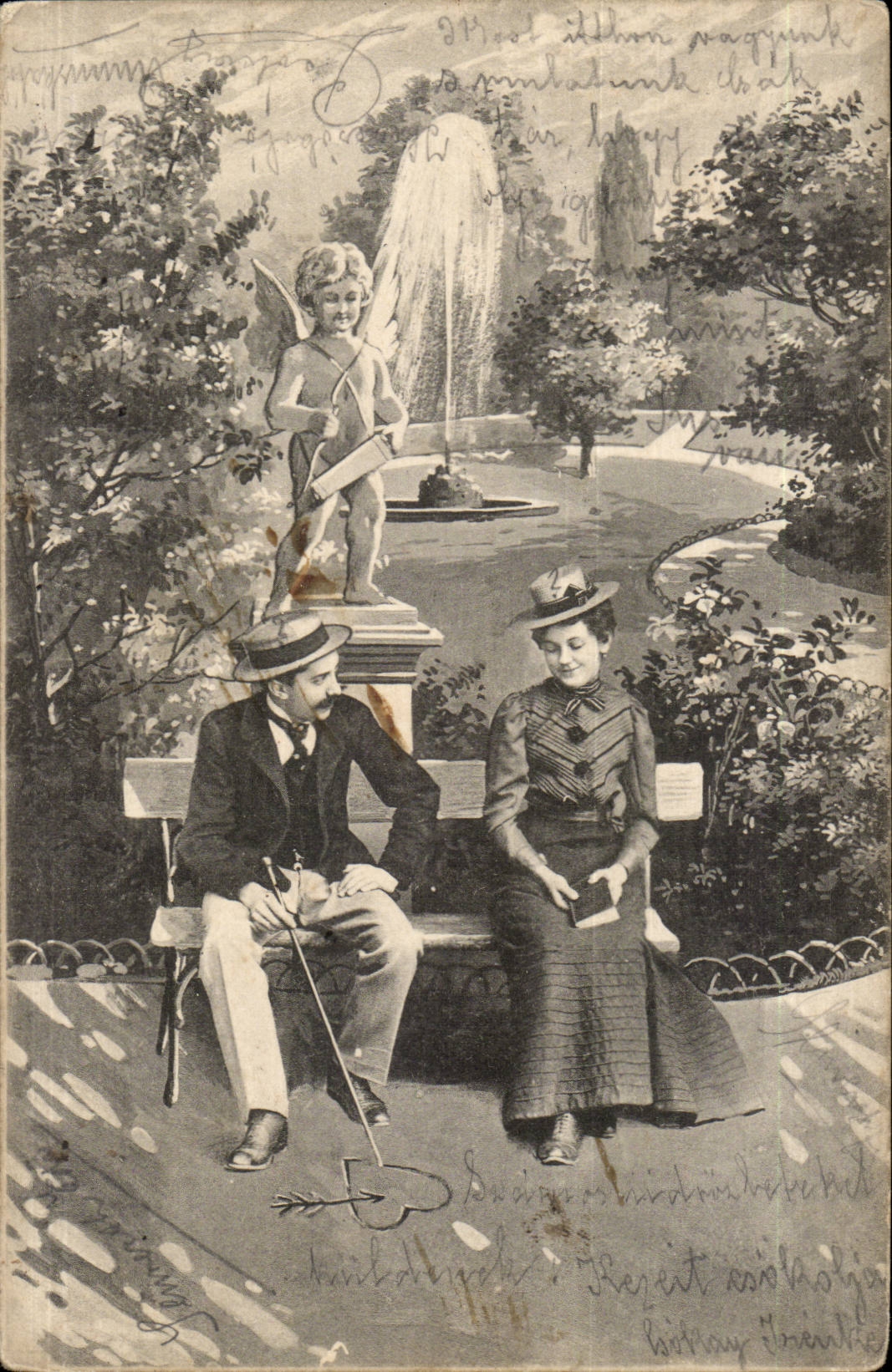 Fantaisie - Couple flirting in Park - cupid (carte hongroise Hungary Hongrie) - CPA 