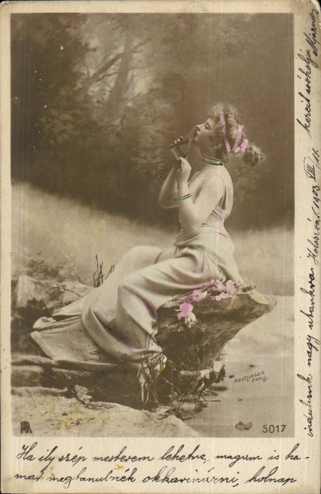 Fantasy - Woman - Woman in toga playing side flute - instrument - (Hungarian chart Hungary Hungary) - CPA