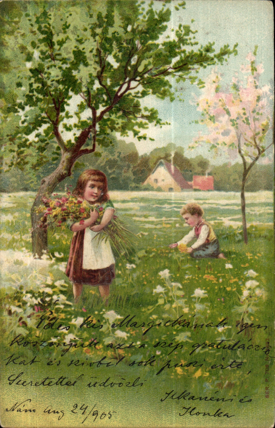 Fantasy - Child - Girl with bulging bouquet off flowers CPA