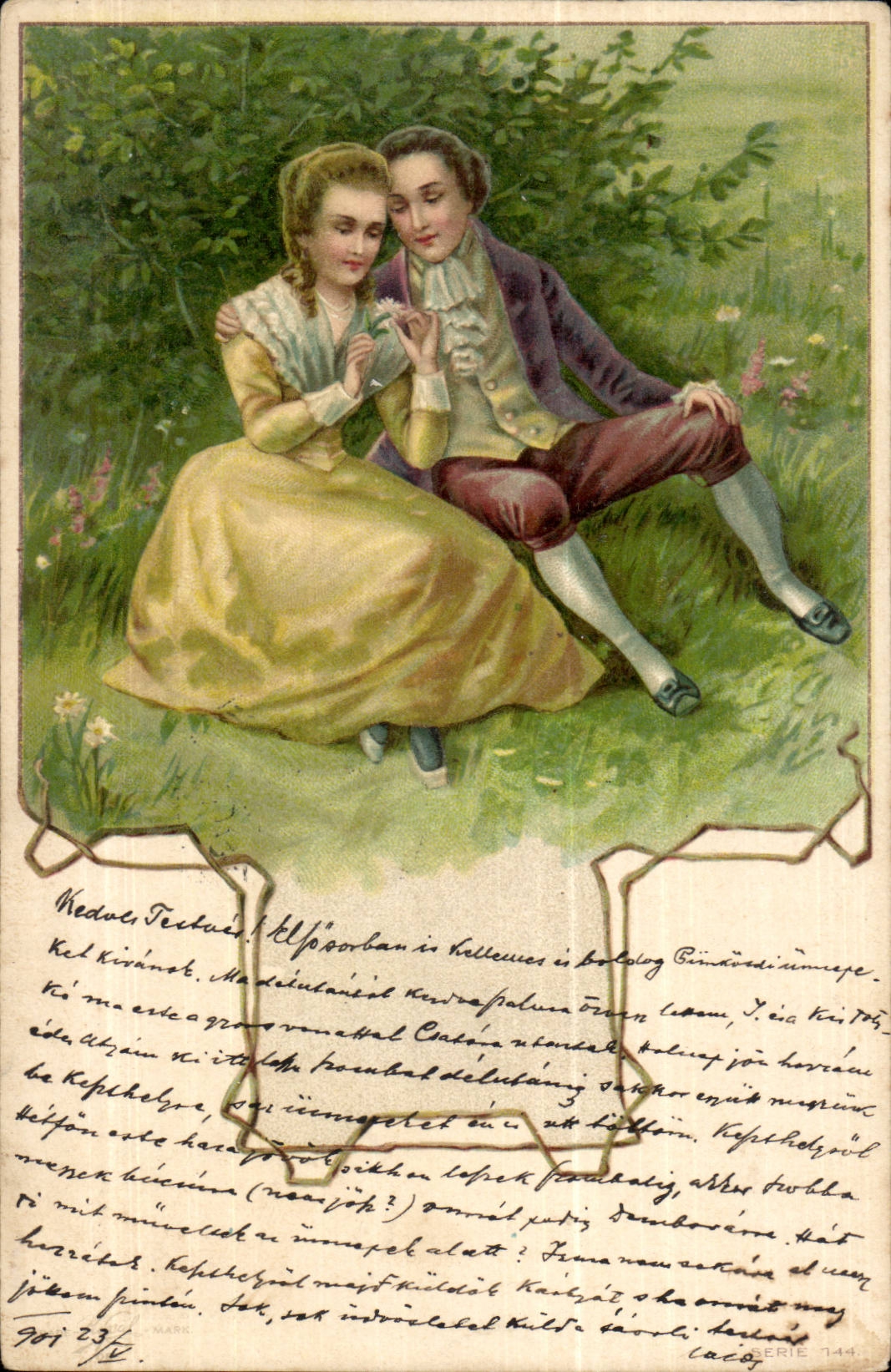 Fantaisie - Couple - Couple relaxing in grass (carte hongroise Hungary Hongrie) CPA 