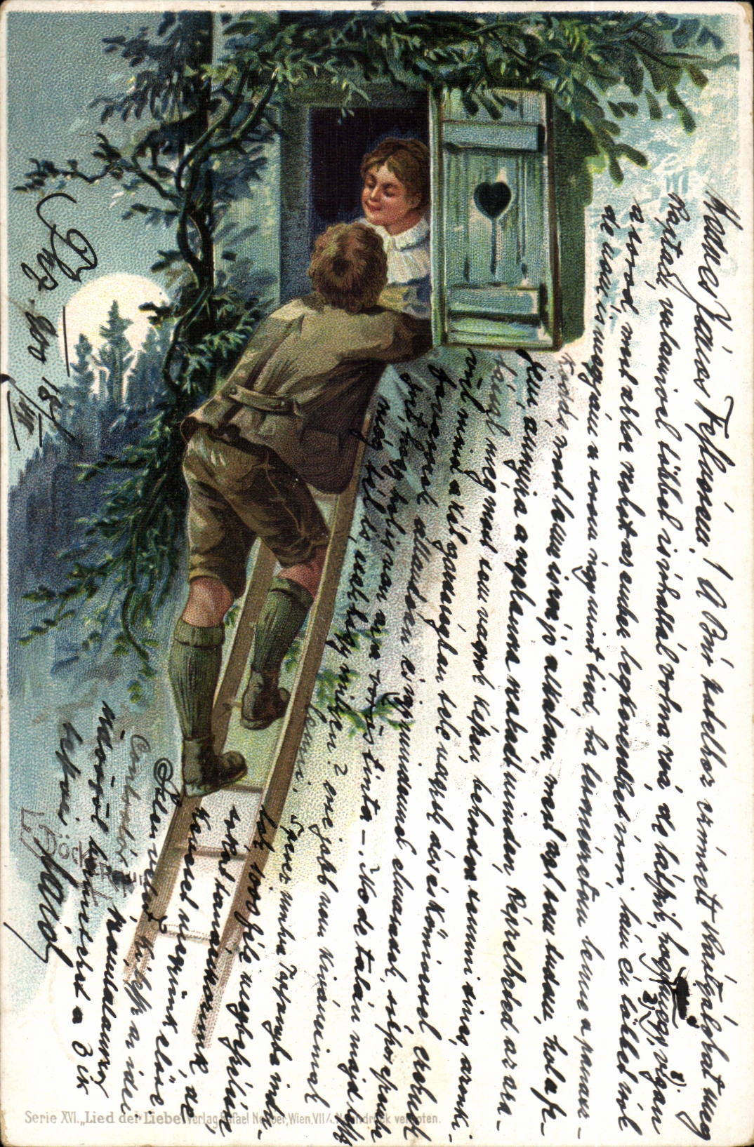 Fantaisie - Couple - Visitation to charming treetop house - (carte hongroise Hungary Hongrie) - CPA
