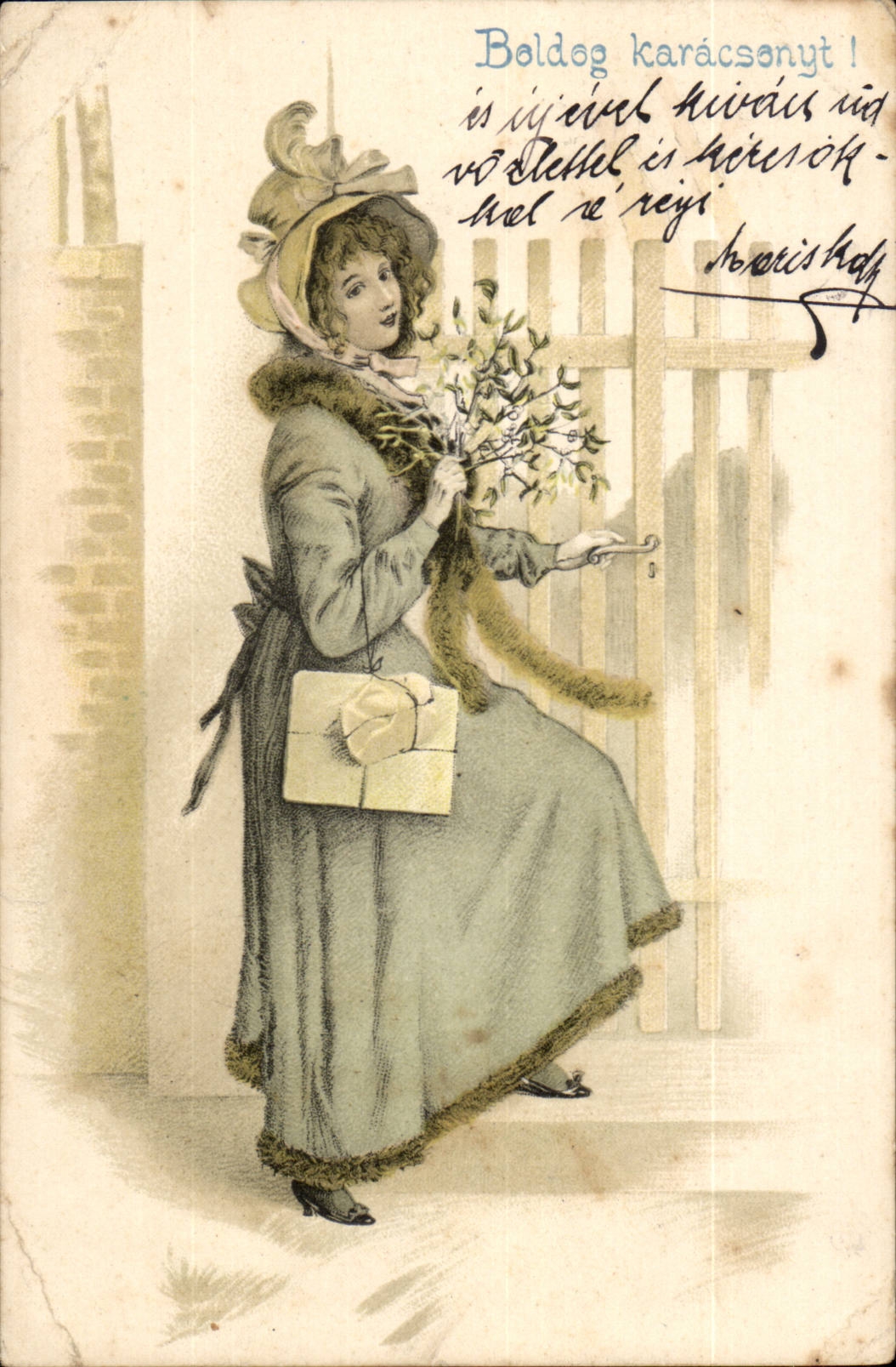 imagination - elegant Sweet woman with fur lined dress and hat - (Hungarian chart Hungary Hungary) - CPA