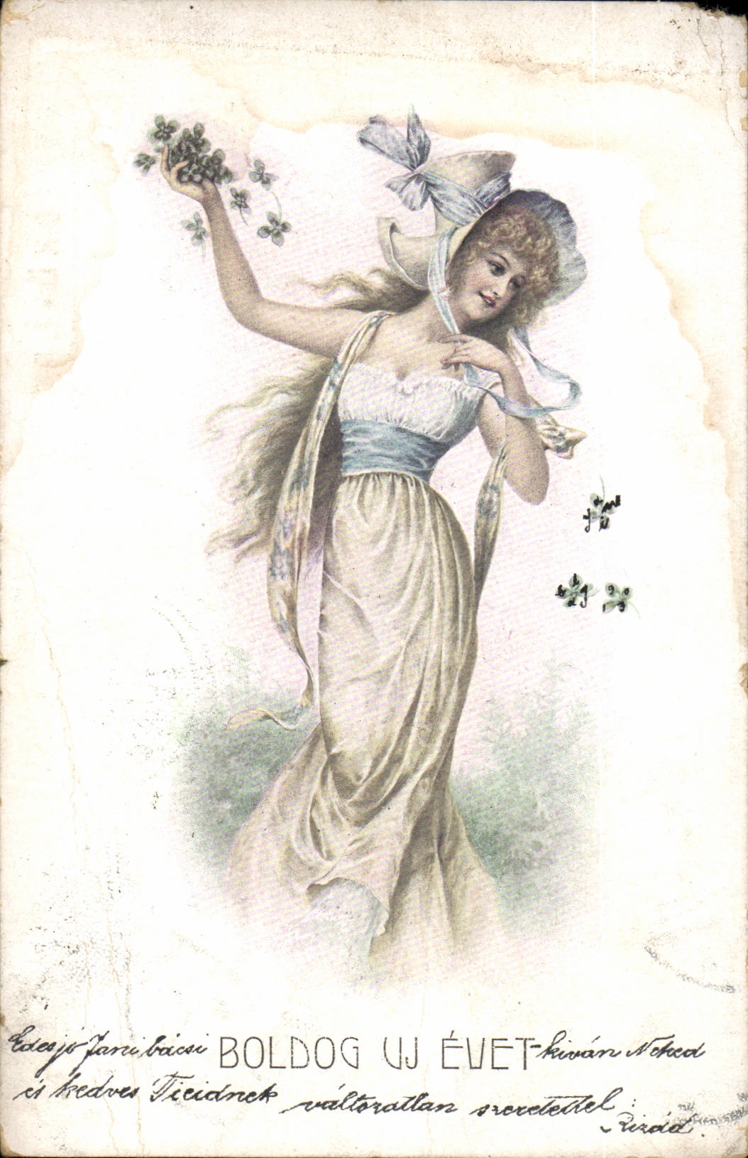 Fantasy - lovely woman frolicing with clover - (Hungarian chart Hungary Hungary) - CPA