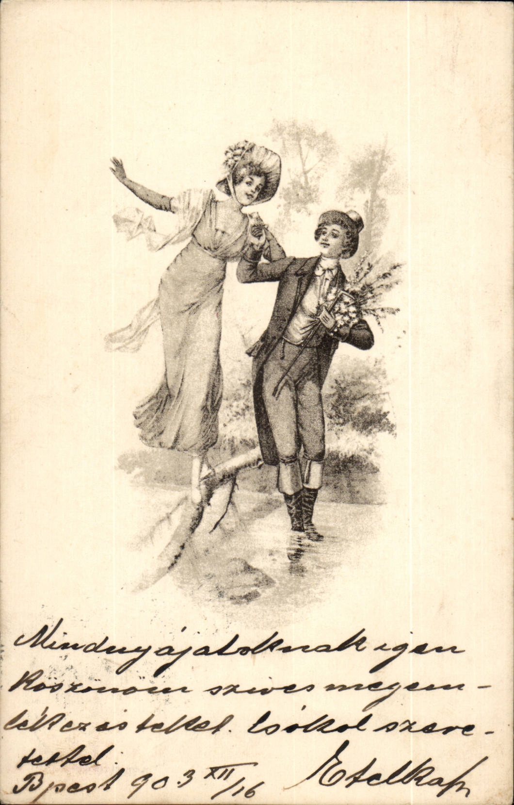 Fantaisie - lovely couple frolicing in the countyside - (carte hongroise Hungary Hongrie) -CPA
