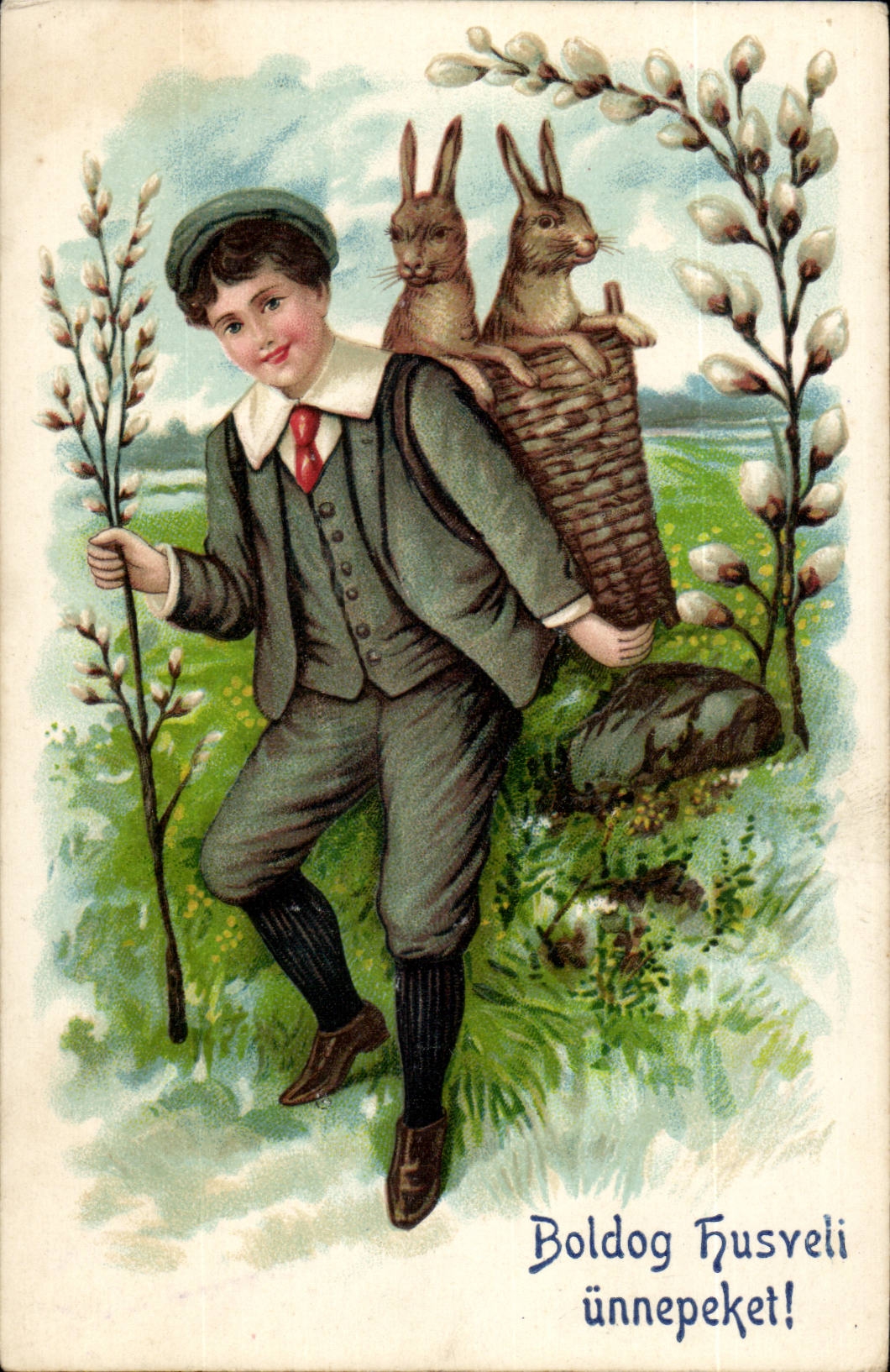 Fantasy - Child - Sweet little servant boy with tennis shoe off rabbits - rabbit - (Hungarian chart Hungary Hungary) - CPA