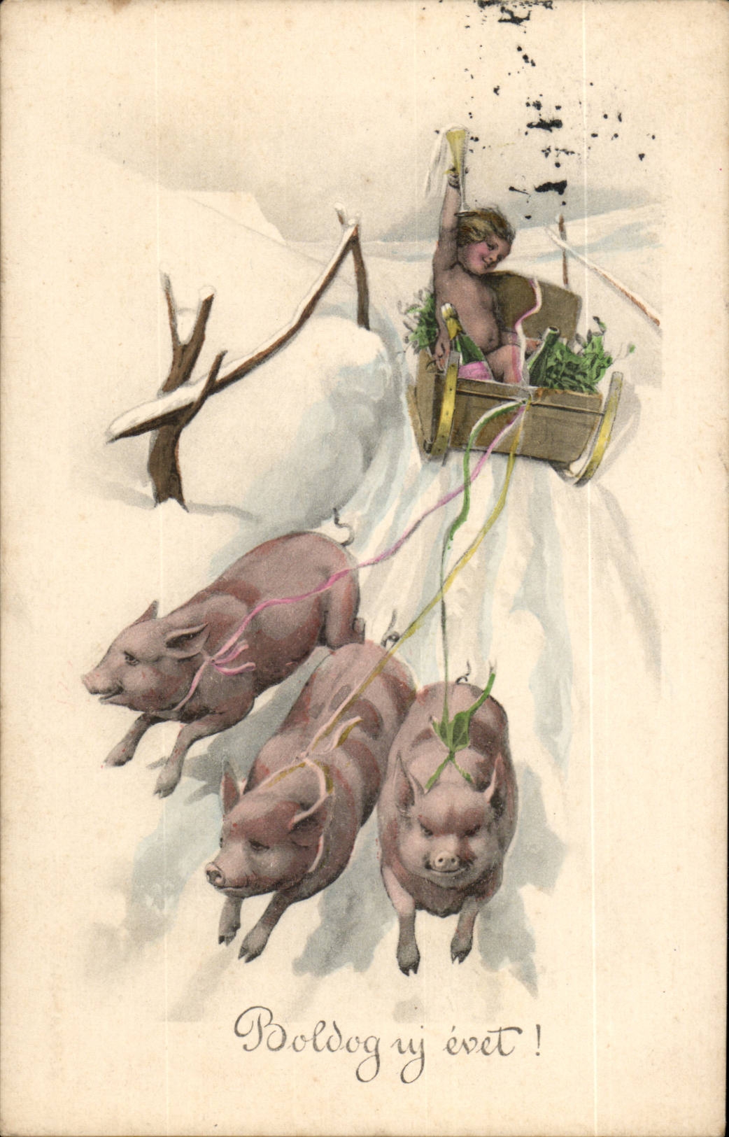Fantasy - Child - Naked child in pig driven sled - pig (Hungarian chart Hungary Hungary) - CPA