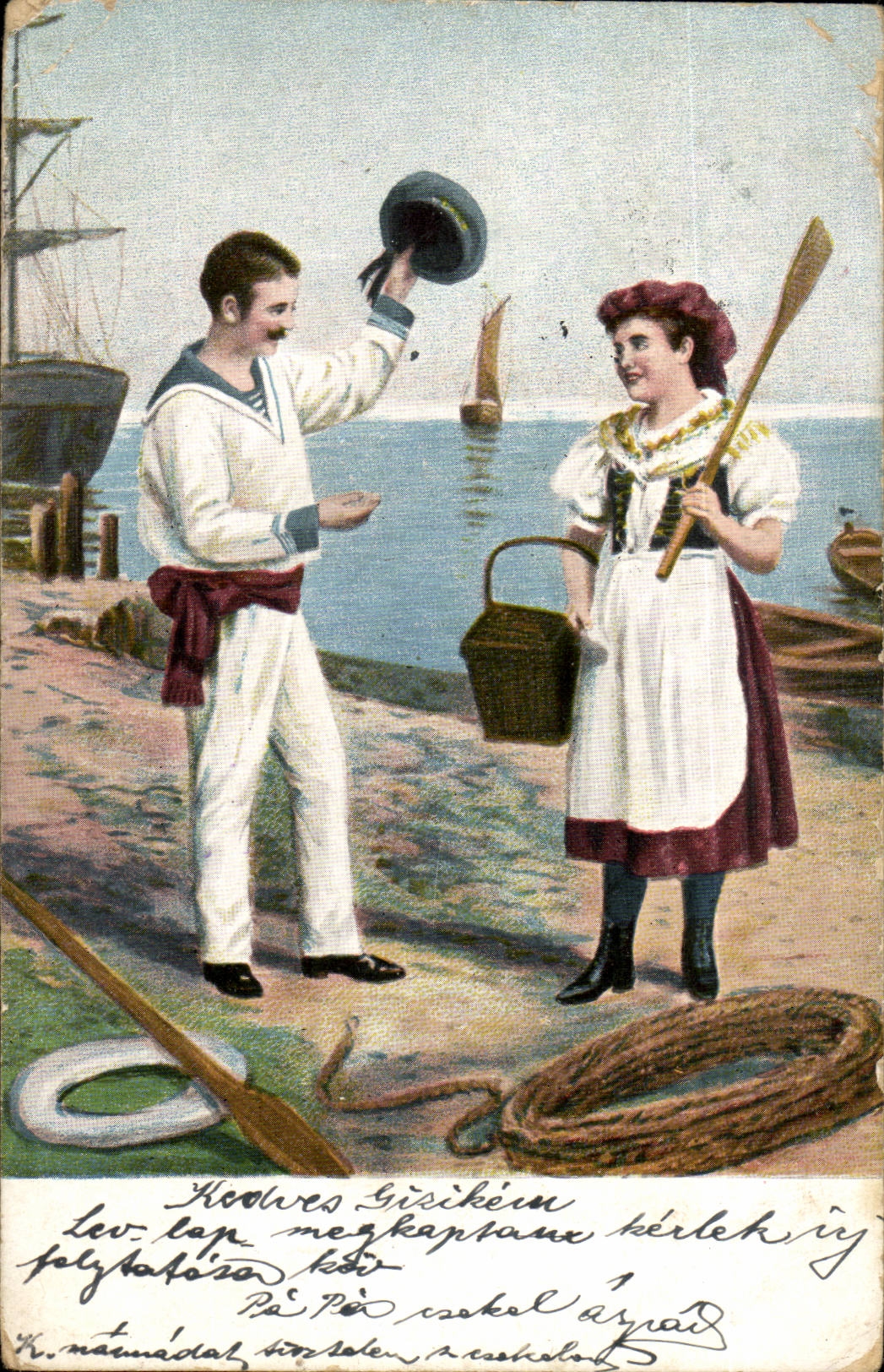 Fantaisie - Couple - Happy couple by the sea (carte hongroise Hungary Hongrie) -CPA