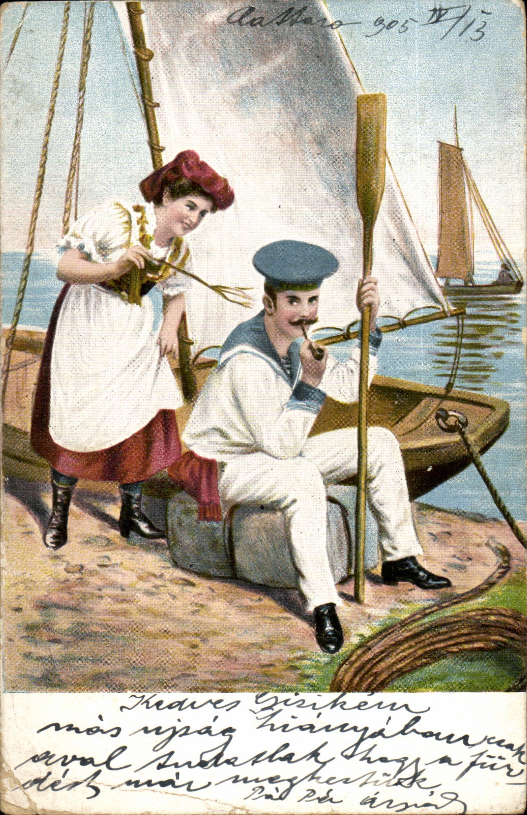 Fantaisie - Couple - Woman with a bit of mischief sea - bateau (carte hongroise Hungary Hongrie) -CPA