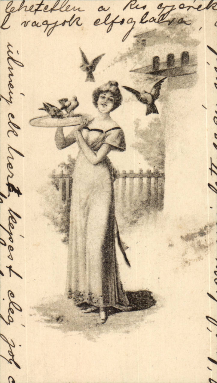 Fantasy - Woman - beautiful woman feeding birds (Hungarian chart Hungary Hungary) - CPA