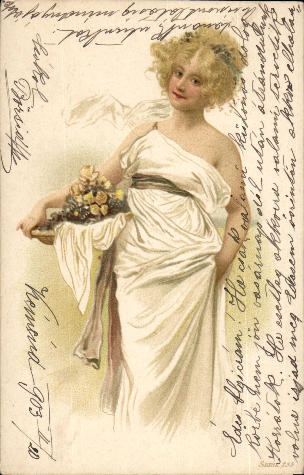 Fantasy - Woman - fair curly haired woman in toga (Hungarian chart Hungary Hungary) - close CPA Mucha