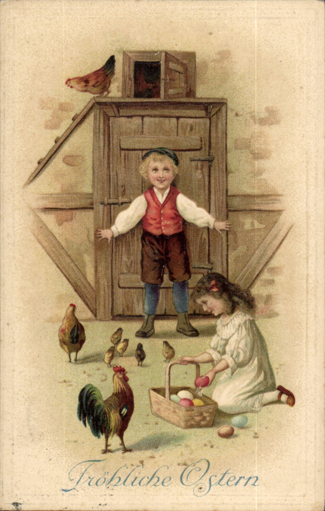 Fantasy - Children - Children feeding chickens - chicken (Hungarian chart Hungary Hungary) - CPA