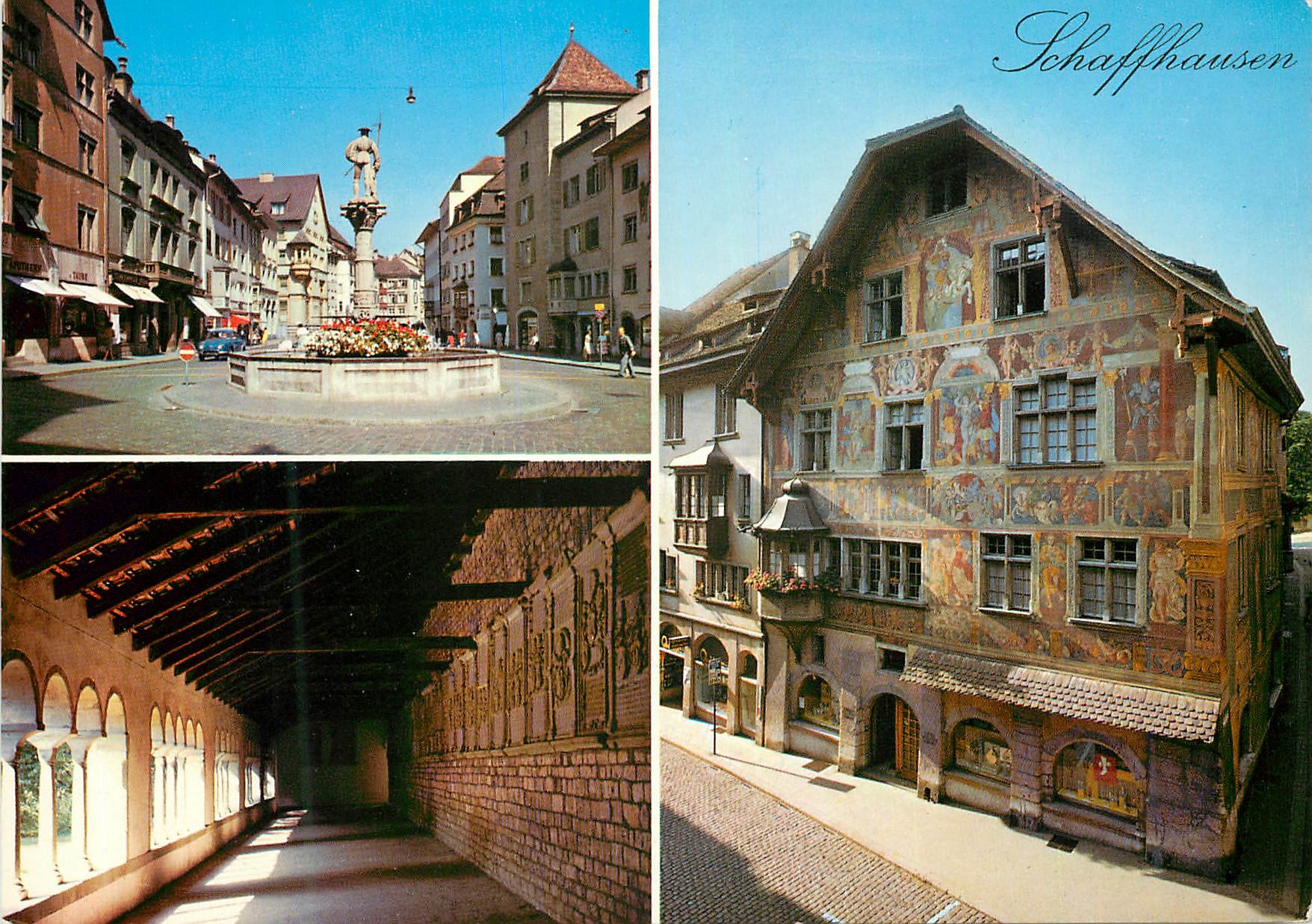CPM Shaffhausen  Schweiz Oberstadt mit Vierrohrenbrunnen Munster Kreuzgang Haus zum Ritter