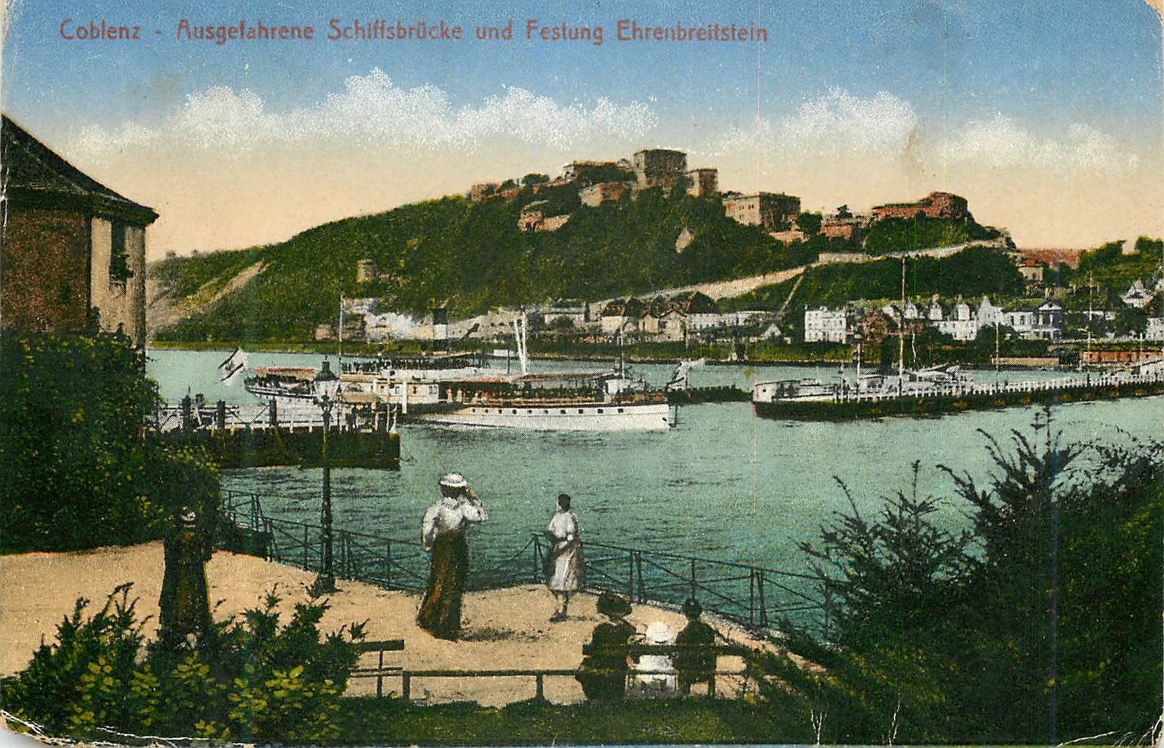 CPA Coblenz Ausgefahrene Schiffsbrucke und Festung Ehrenbreitstein Bateau