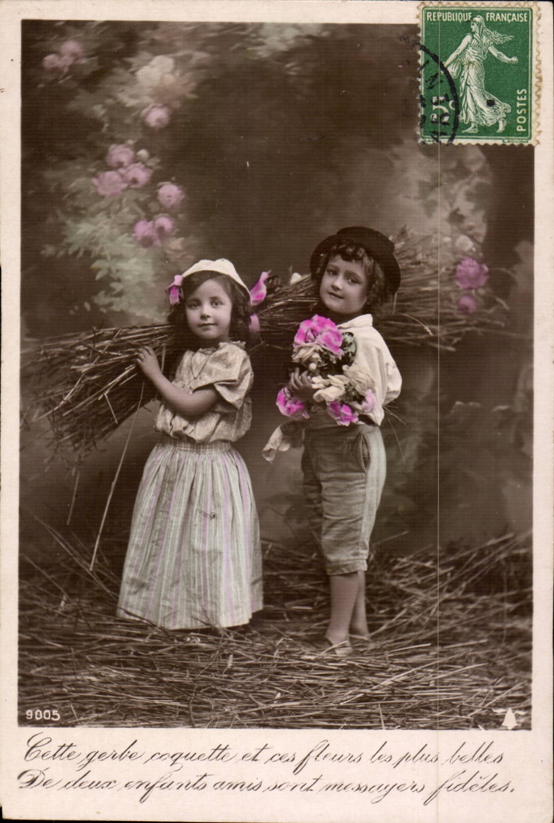CPA Fantasy Cette vain sheaf and these most beautiful flowers of two children are faithful messengers