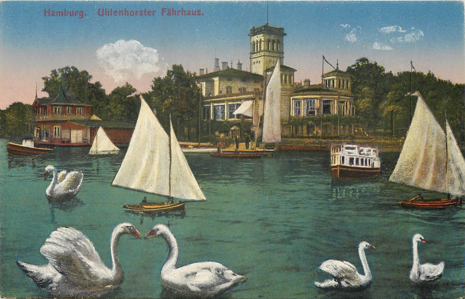 CPA Hamburg Uhtenhorster Fahrhaus Bateaux Cygnes