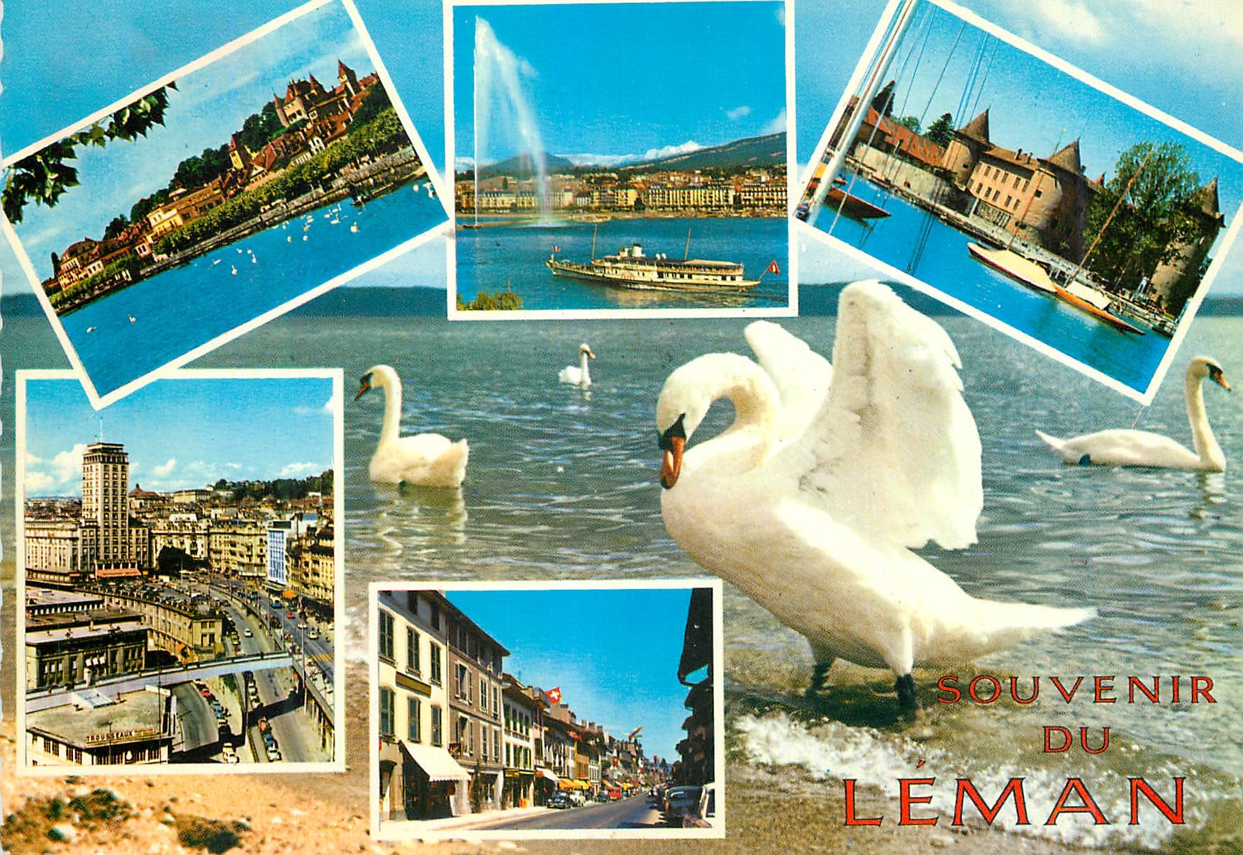 CPM Lac Leman Nyon le port et le chateau geneve le jet d'eau 130 m et le mont blanc 4810 m