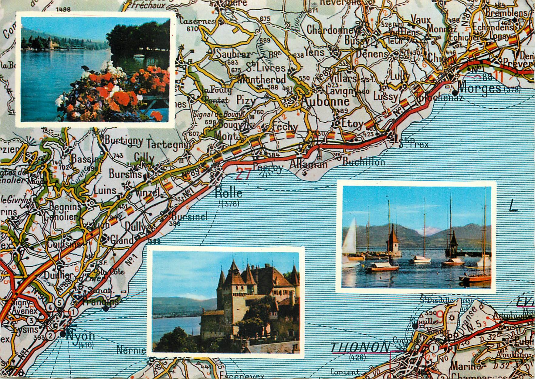 CPM Carte du Lac Leman avec vues de Nyon Rolle et Morges