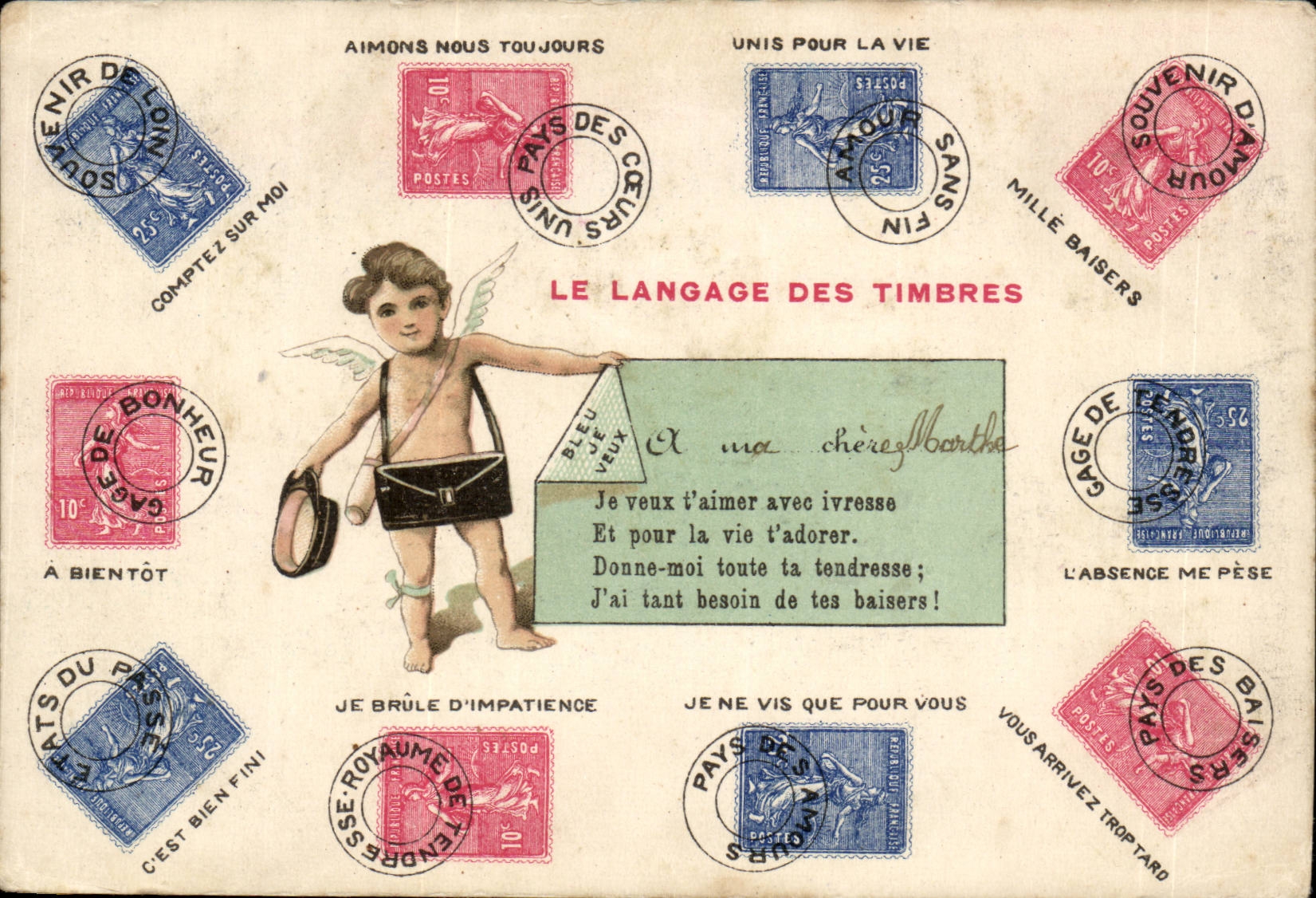 CPA Fantaisie Le langage des timbres (SEmeuse)