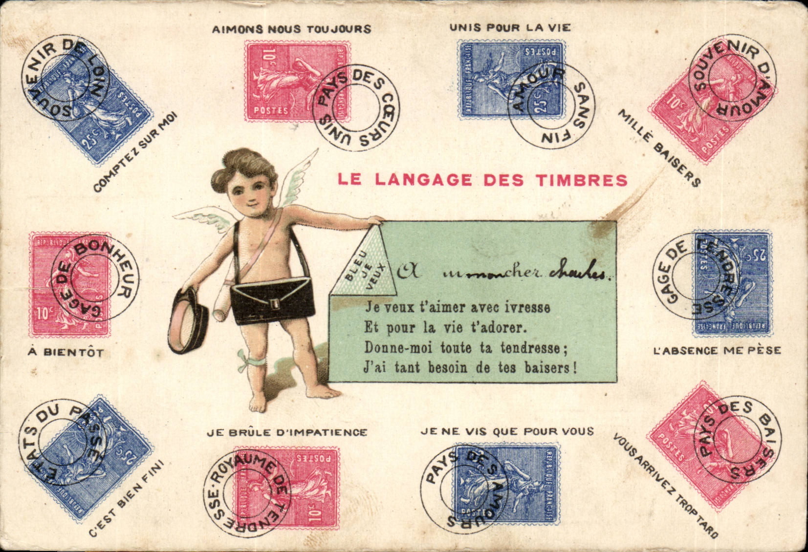 CPA Fantaisie Langage des timbres Semeuse 