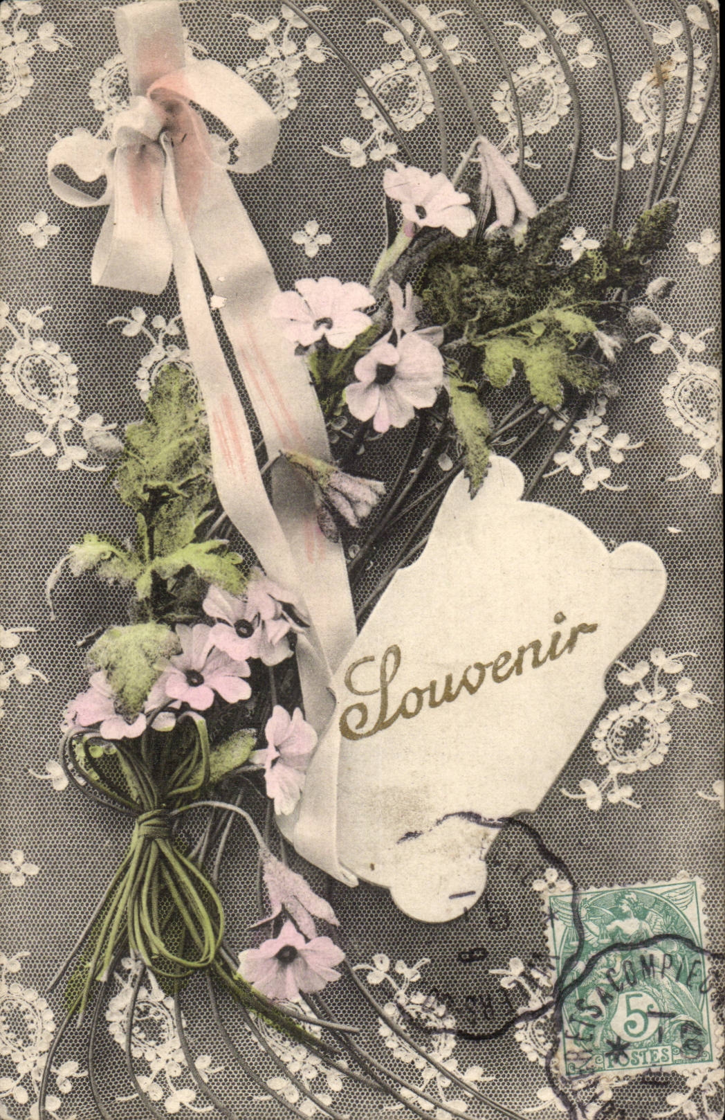 Wishes - flower - flower - white - laces - Souvenir - ribbon - CPA