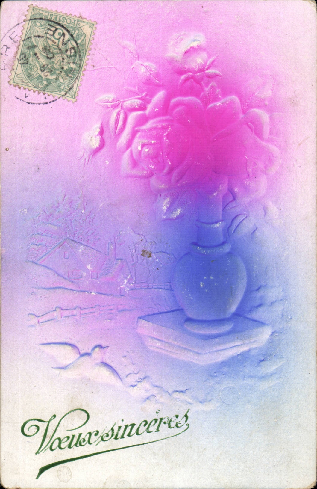 Wishes - flower - flower - pink in vase - sincers - bird - bird - CPA