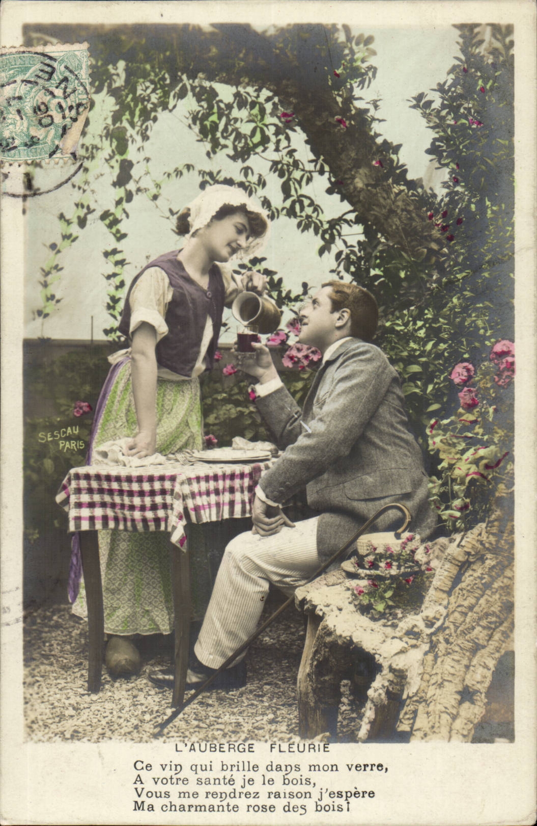 Fantaisie - Fantasy - couple - L'Auberge Fleuri - Ce vin qui brille dans mon verre a votre sante je le bois -CPA 