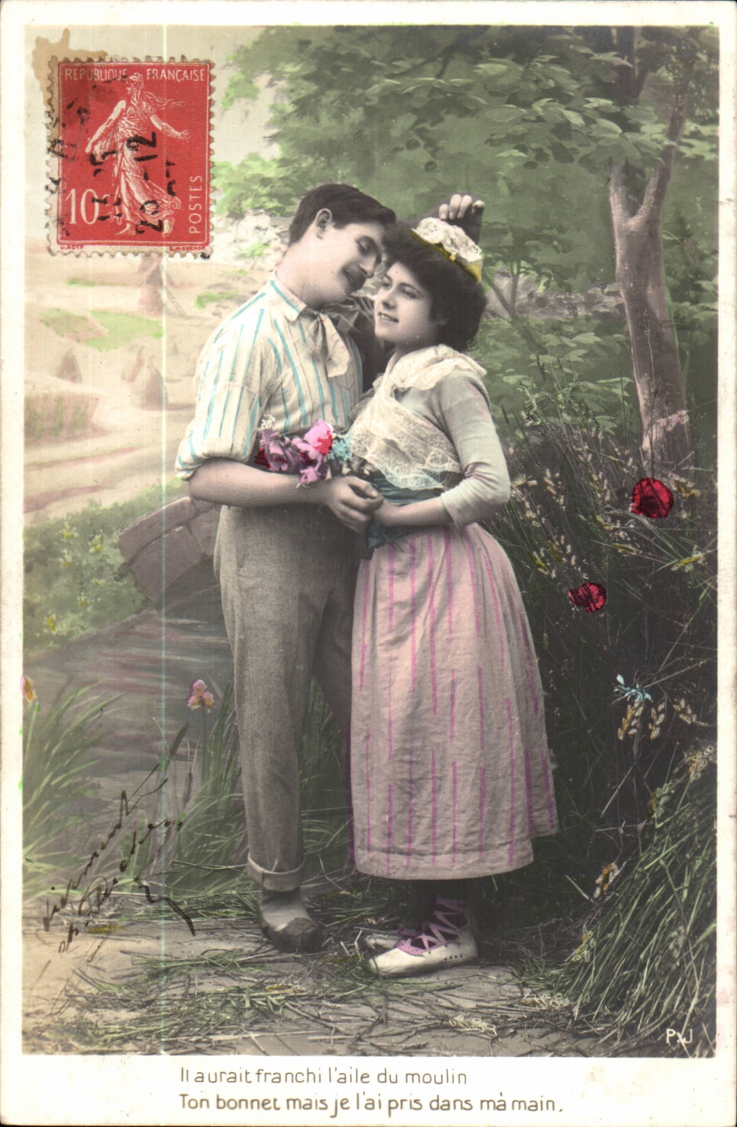 Fantaisie - couple - Il aurait franchi l'aile du moulin ton bonnet mais je l'ai pris dans ma main - CPA 