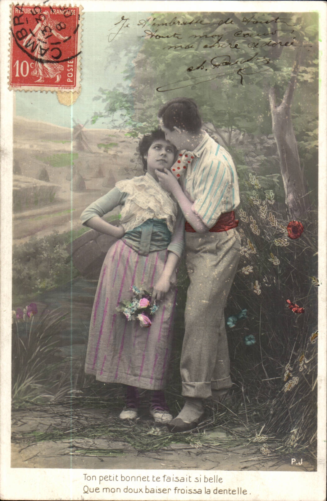 Fantaisie - couple - TOn petit bonnet te faisait si belle que mon doux baiser froissa la dentelle - CPA 