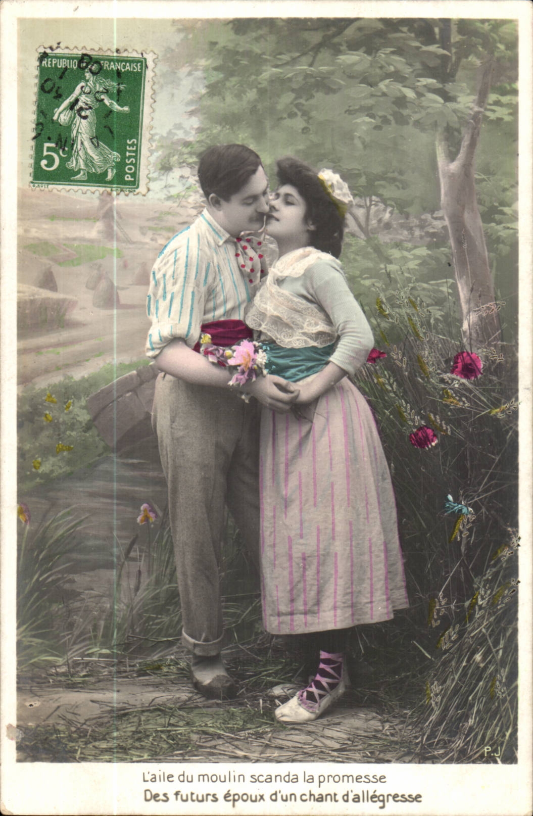 Fantaisie - couple - L'aile du moulin scanda la promesse des futurs epoux d'un chant d'allegresse - CPA 