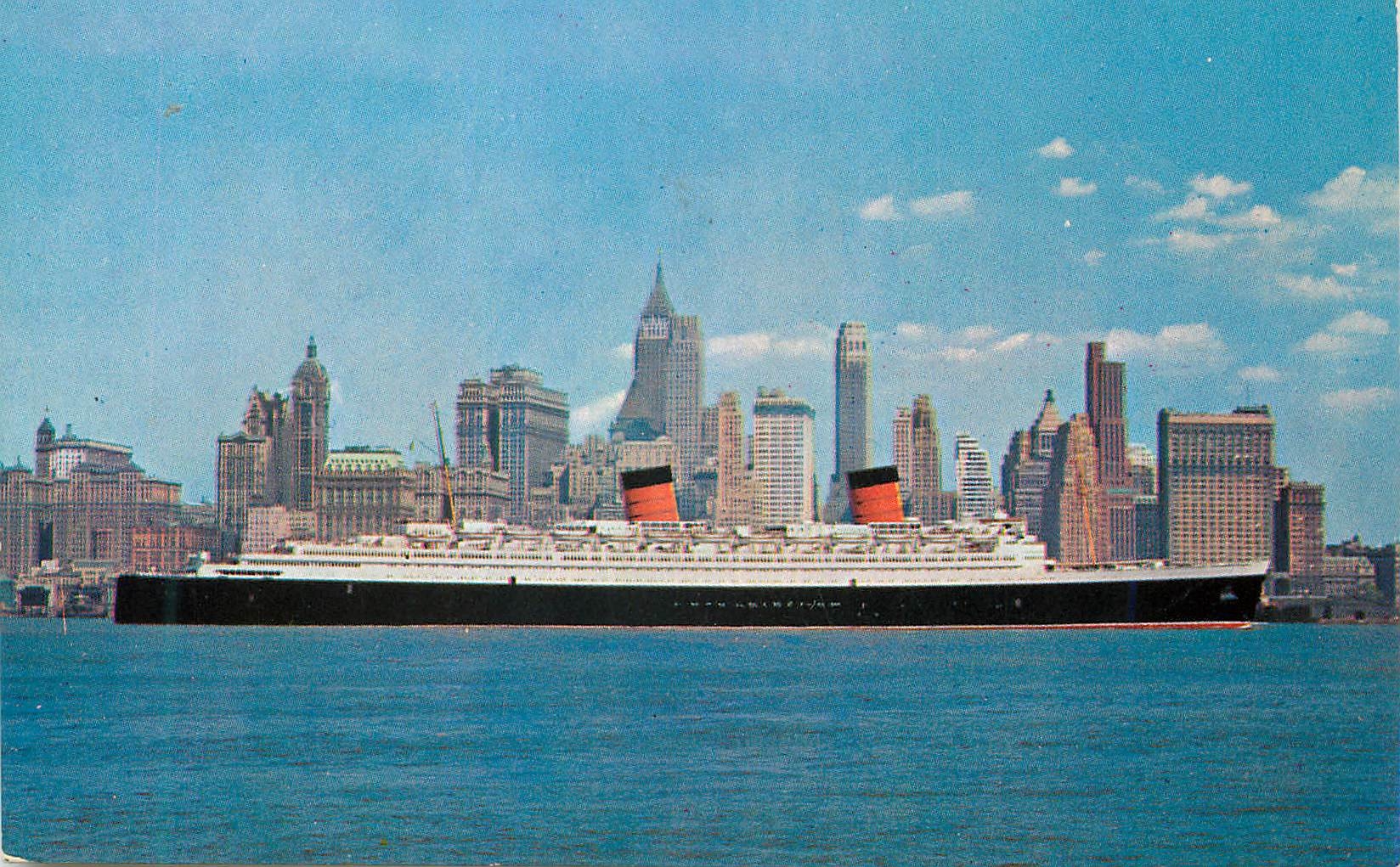 CPM SS Queen Elizabeth Passing Lower Manhattan New York City Bateau